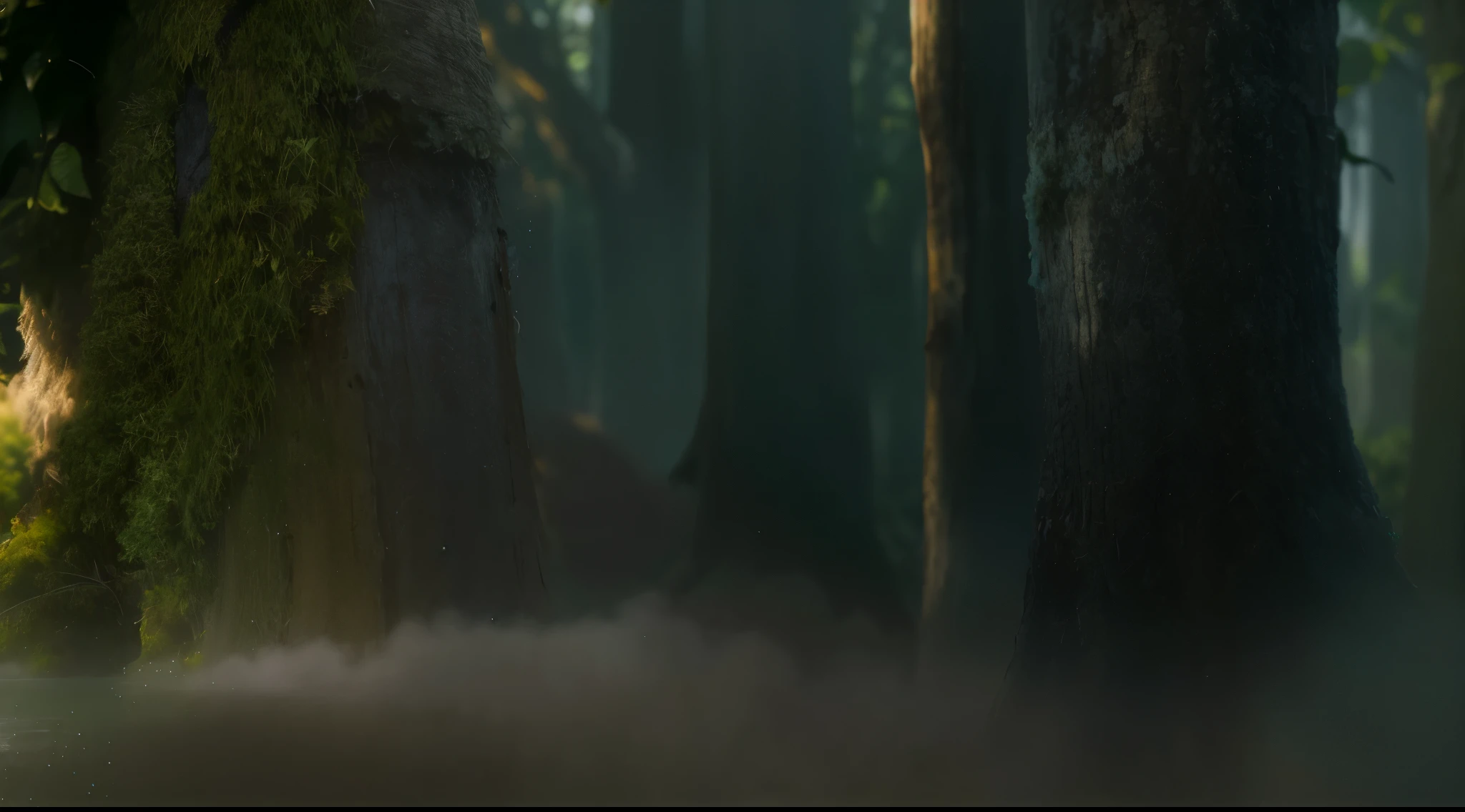 reality，Tree叶，moss，Tree，Light，fog forest，Cinematic quality，8k