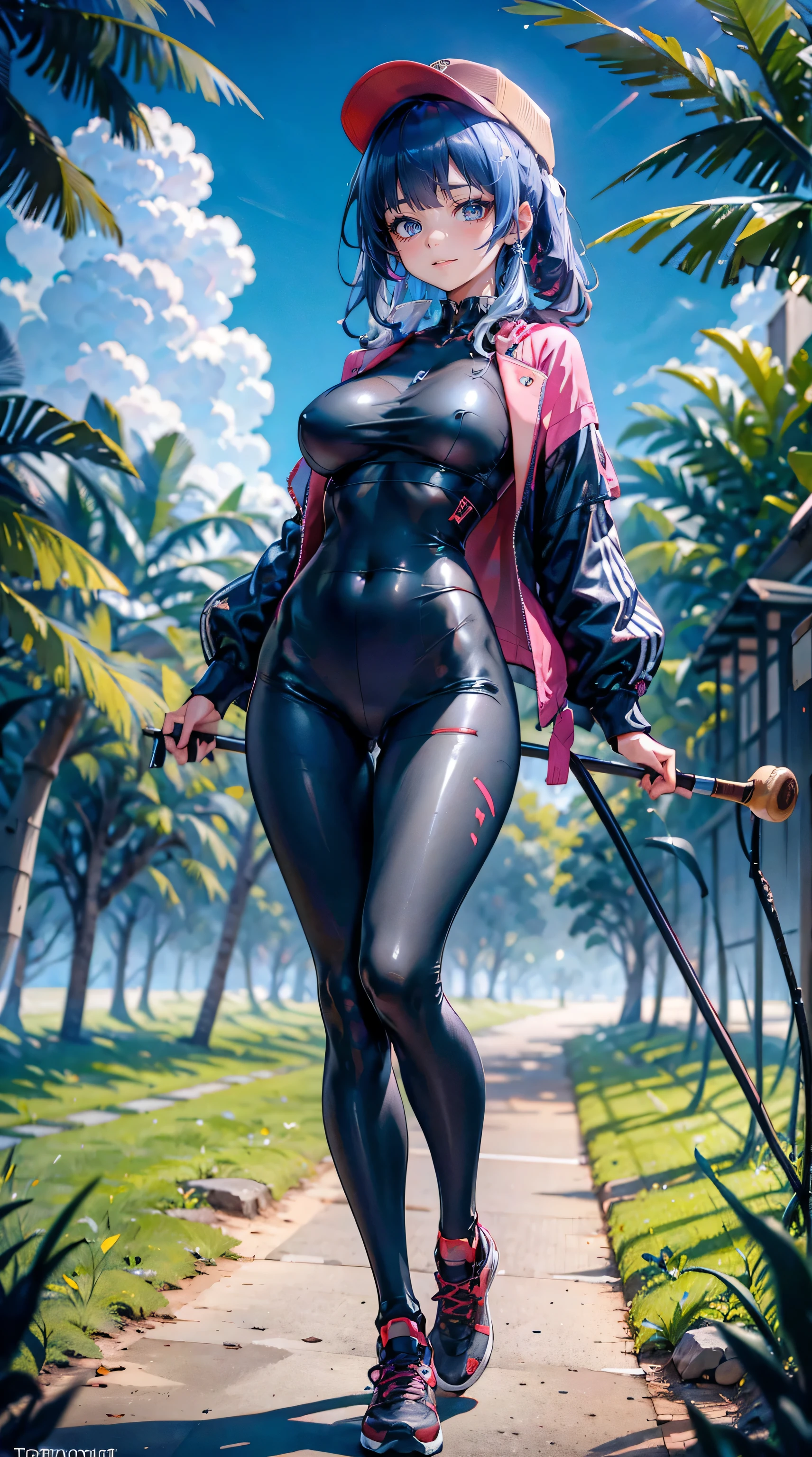 1female,36 years old,,mature, Big breasts Thin waist, long legs,(Background with:bamboo forrest,clubs) She has very long curly black hair,standing on your feet,drenched all over the body,seen from the front, mostly cloudy sky,(((tmasterpiece),(Very detailed CG unity 8K wallpaper),best qualtiy,cinmatic lighting,detailed back ground,beatiful detailed eyeright pupils,(Very fine and beautiful),(Beautiful and detailed eye description),Black eyes,Redlip,ultra - detailed,tmasterpiece,)),facing at camera,(The upper part of the body),A high resolution,ultra - detailed, frontage, girl collar(Wearing:baseball cap,Red baseball jacket,black colored leggings,athletic sneakerull body photo,Show shoes