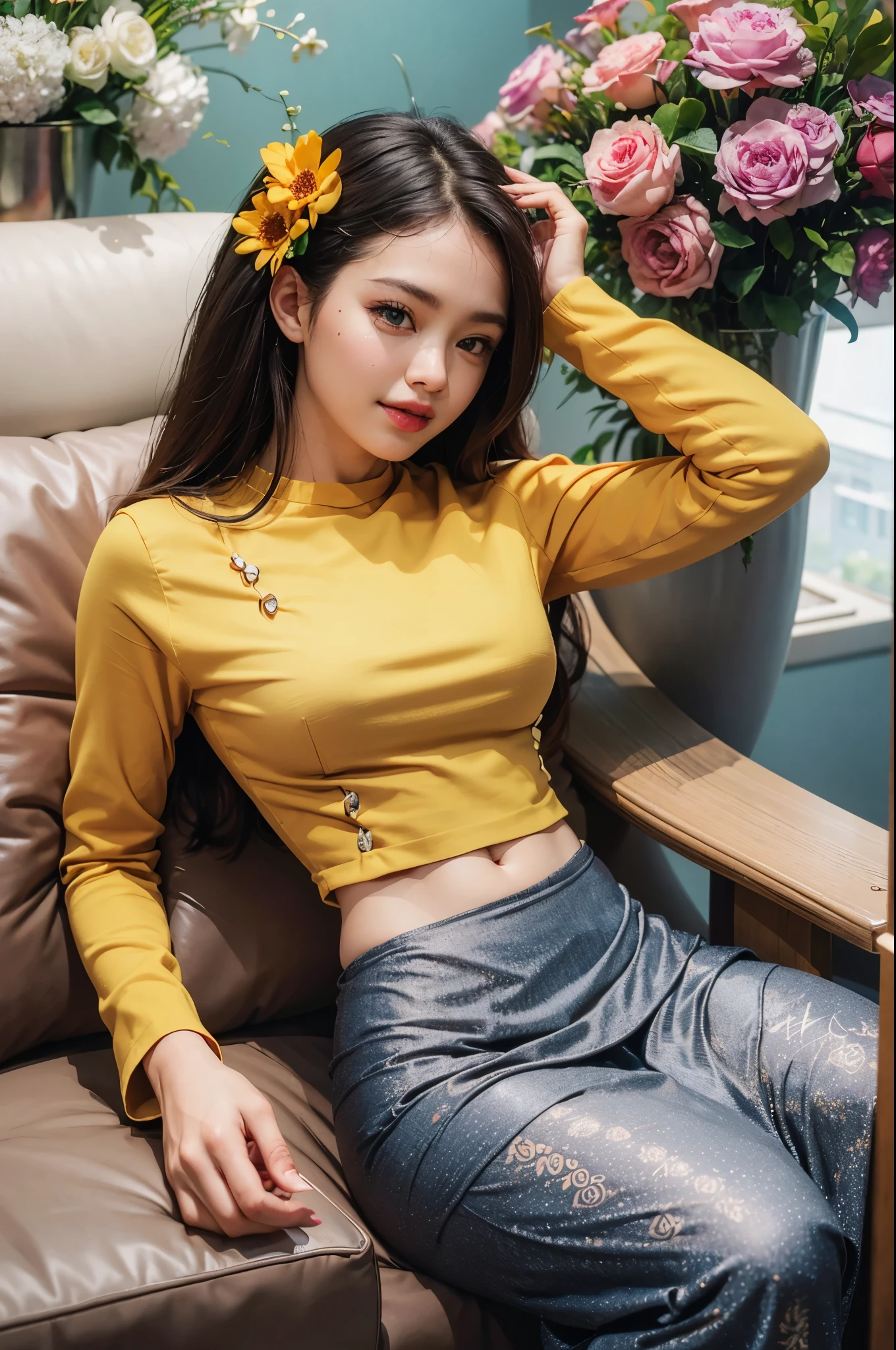 ((Masterpiece)), ((High detail)), photography, real photograph,1 Girl, ((Ultra-detailed)),((Delicate face)), Beautiful detailed eyes, (high light, Gradient hair),Long hair, Floating hair, acmm ls outfit, wearing acmm top, white acmm top, long sleeves, wearing acmm long skirt, bright green acmm long skirt, printed skirt, outdoor, sun light
