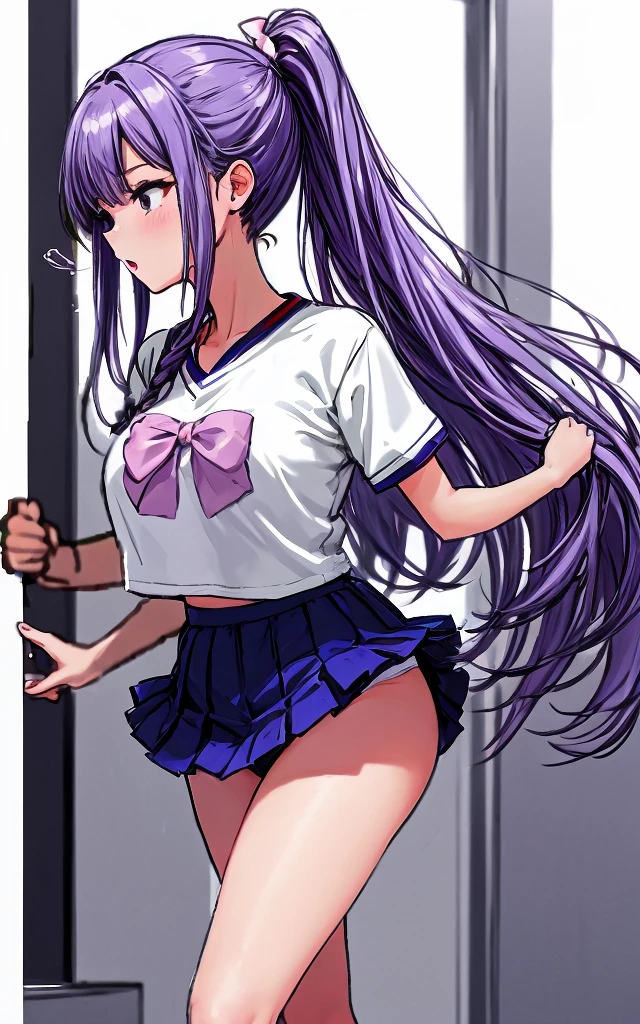 A beautiful woman with long wisteria purple hair in a ponytail that reaches to her shoulders and a light pink ribbon in the back, a sharp face and beautiful legs, is wearing a white gym uniform.、I&#39;m standing in the school hallway wearing dark blue bloomers shaped like panties.。mouth open。