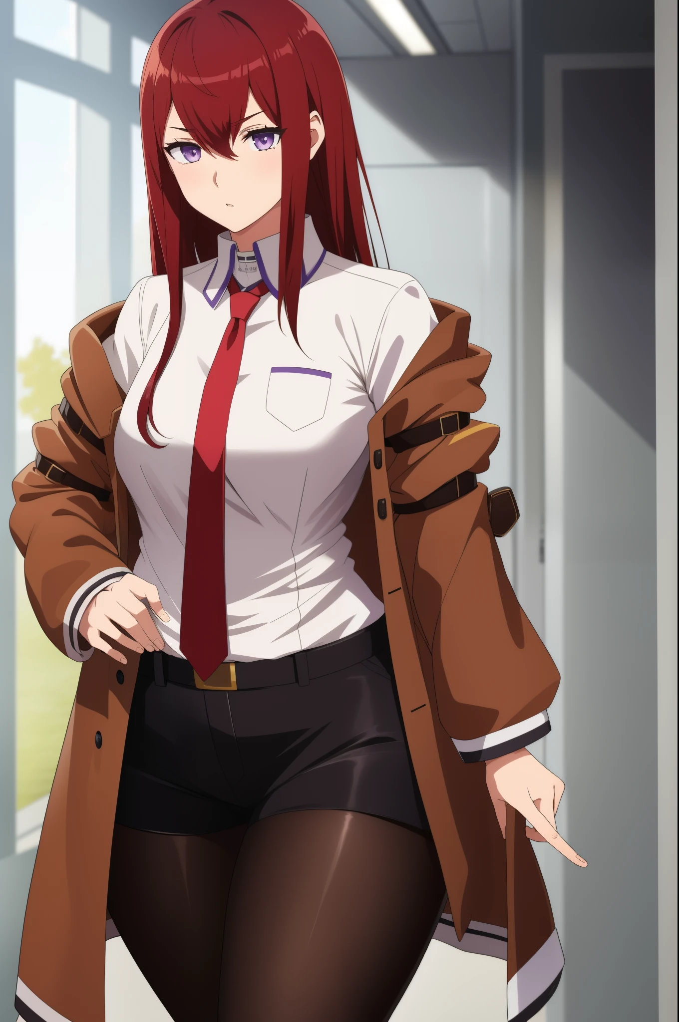 (masterpiece, best quality),  intricate details,
1girl,  
 kurisu makise, hair between eyes, hair over shoulder, long hair, (purple eyes:1.1), red hair, straight hair,, black pantyhose, black shorts, brown coat, coat, collared shirt, long sleeves, necktie, pantyhose, pantyhose under shorts, shirt, short shorts, shorts, sleeves past wrists, white shirt, wing collar, chubby, big belly, ((wide hips:1.2)), large boobs, small waist