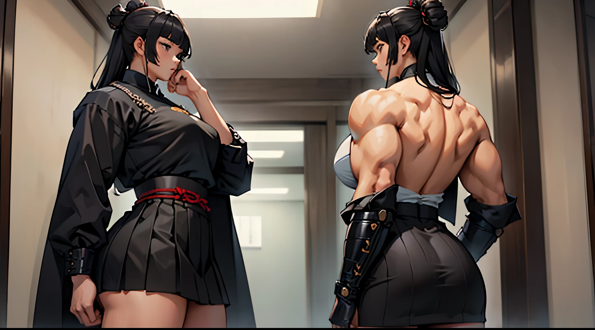 (((Kim So Hyun from Lovely Liar))), arafed fully clothed ripped heavyweight bodybuilder woman with thick arms and tights in samurai style dress standing in a room, samurai short skirt and a long jacket, samurai style clothes, wearing samurai jacket and skirt, ji-min, bae suzy, jia, lookbook, by Emma Andijewska, femme, exclusive, p. j. n, girl in suit, ultra detailed game CG, (High resolution:1.1),(absurderes:1.1), 1girl in, , Cat's ears,Solo, she looks like (((Kim So Hyun actress)), ripped bodybuilder, huge breasts. big round butt. perfect skin, perfect face,a woman with long hair , she has black hair with bangs, lalisa manobal, power pose