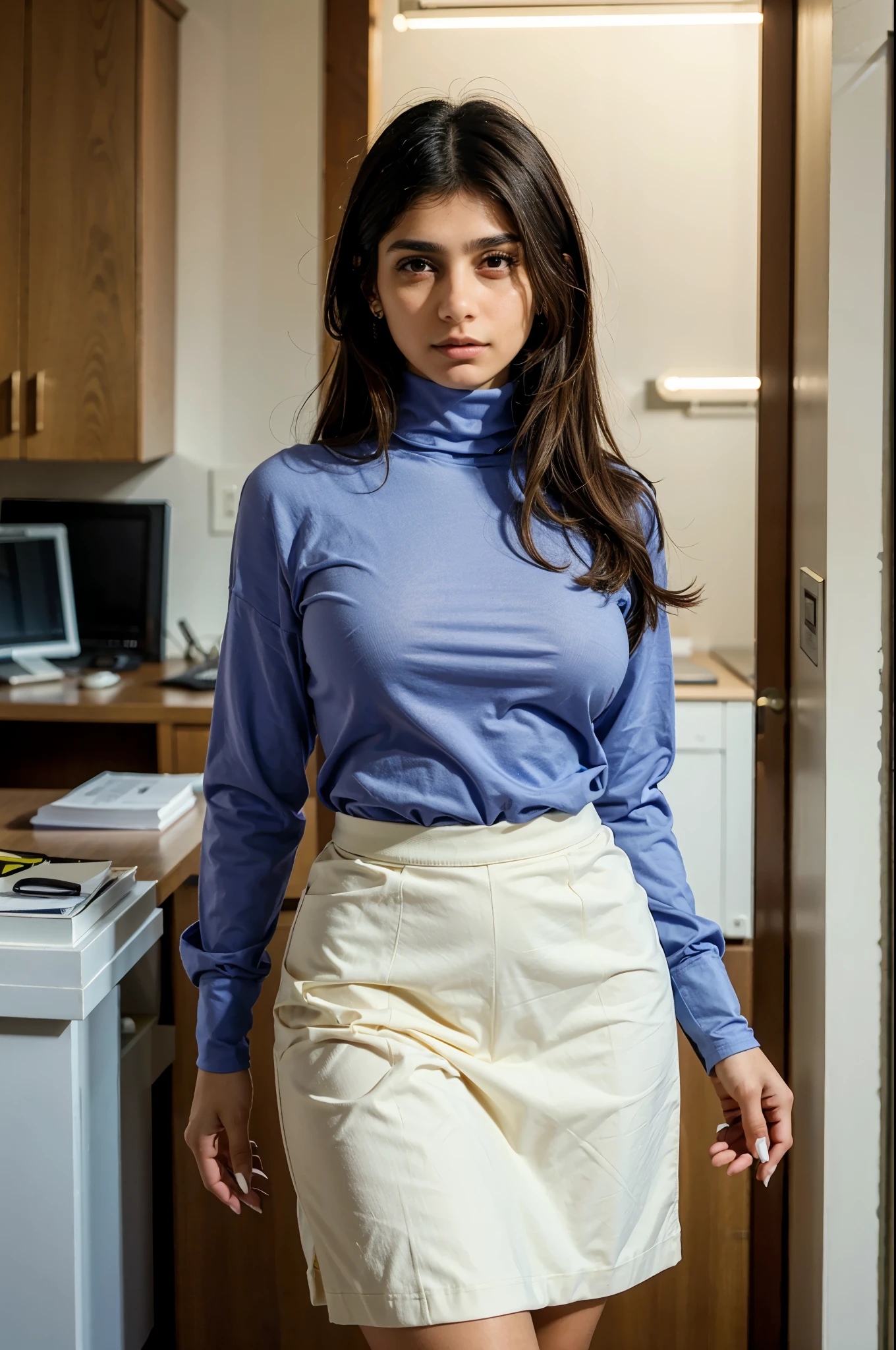 miak, a woman wearing turtleneck shirt in office 