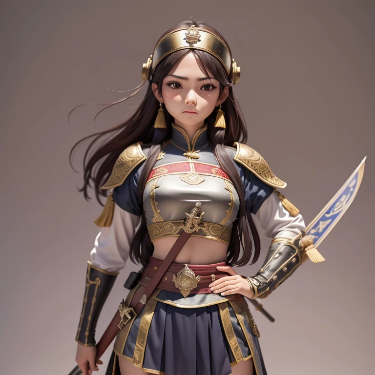 Jovencita, guerrera, soldado imperio chino, espada, escudo, casco de guerrero medieval, pose de combate, cabello corto, pecho grande, mirada .