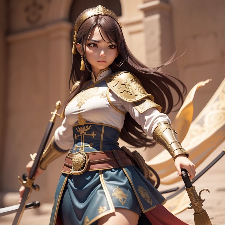 Jovencita, guerrera, soldado imperio chino, espada, escudo, casco de guerrero medieval, pose de combate, cabello corto, pecho grande, mirada .