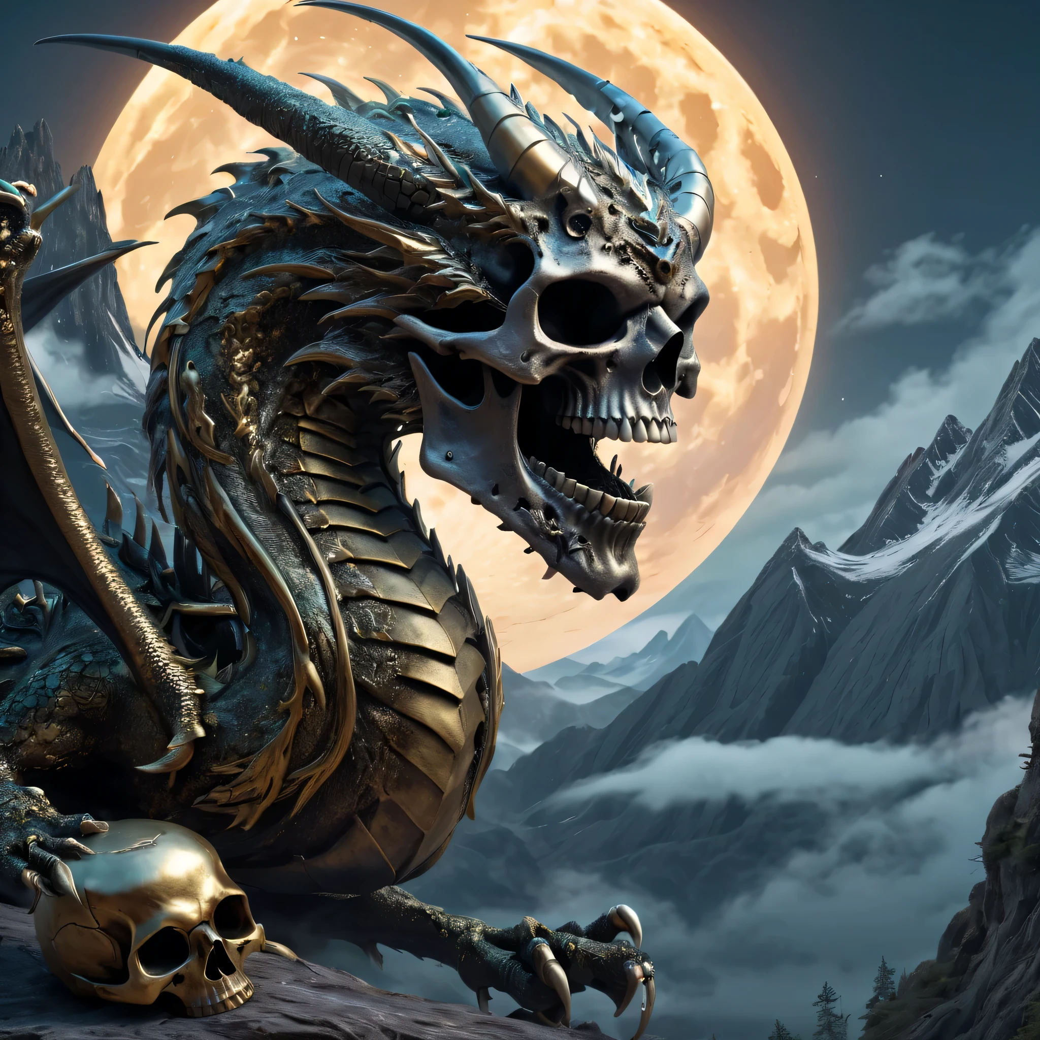 (best quality,8K,high resolution,muste piece:1.2),Super detailed,Eerily realistic metallic skull,dragon:2,the dragon is swirling,elaborate corpse,mountain background,scary theme,full moon night,horror festival setup