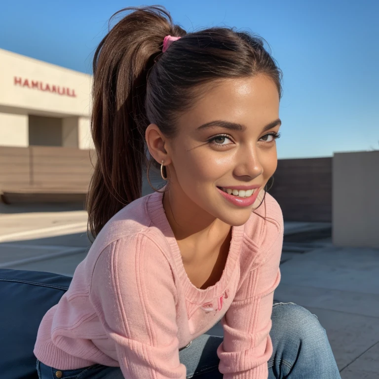 (obra maestra: 1.3), (8k, fotorrealista, foto RAW, mejor calidad: 1.4), (1girl) caucasian , Hermosa chica adolescente , adolescente europea , 15 years , brown light hair ,cabello largo: 1.pony tail, ojos azules , hermosos ojos detallados, (piel realista), piel hermosa , tiene un lunar , ultra-high-resolution, detallado, cuerpo delgado , brown haired girl with a ponytail and has a mole on her face, wears a striped sweater of 2 colors red and pink , jeans de color azul un poco remangados en los pies y zapatos negros , hermosa sonrisa , tienda de ropa , she is accompanied by another teenage girl , rubia , delgada , hermosa , 17 years , Leni Loud