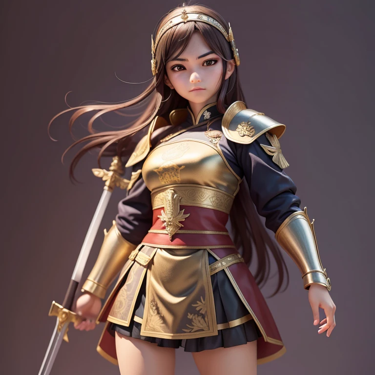 Jovencita, guerrera, soldado imperio chino, espada, escudo, casco de guerrero medieval, pose de combate, cabello corto, pecho grande, mirada .