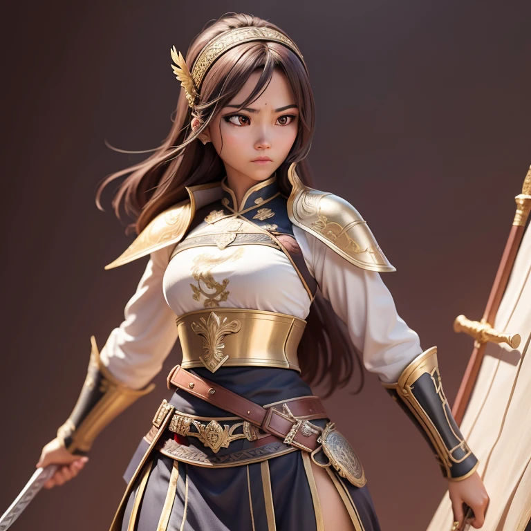 Jovencita, guerrera, soldado imperio chino, espada, escudo, casco de guerrero medieval, pose de combate, cabello corto, pecho grande, mirada .