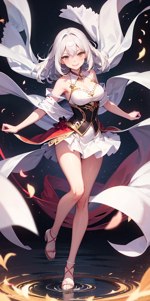 full-body close-up, create an elegant atmosphere), white short skirt, white hair shawl, graceful flowing, elegant movements, lustful smirking smile expression (red blush), floating in the air, (1girl), slim figure)
