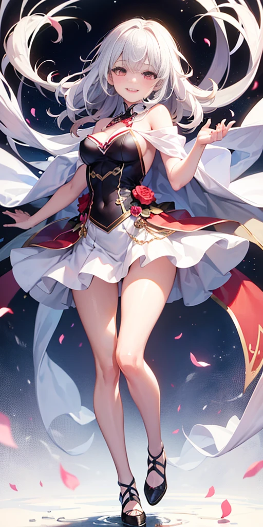 full-body close-up, create an elegant atmosphere), white short skirt, white hair shawl, graceful flowing, elegant movements, lustful smirking smile expression (red blush), floating in the air, (1girl), slim figure)
