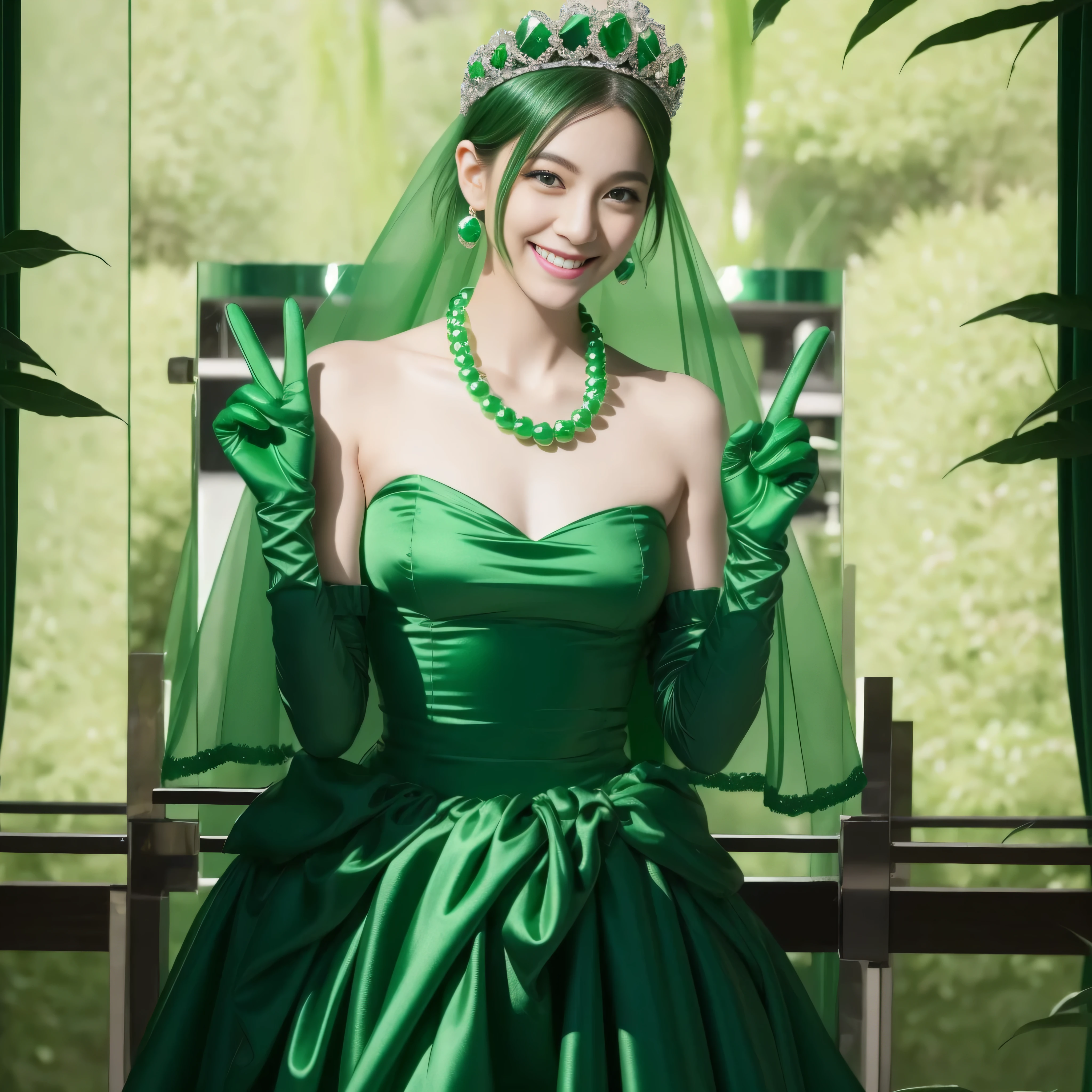 emerald tiara, Green Pearl Necklace, Boyish very short green hair, lipstick, Japan woman smiling, Very short hair, Big beautiful, green eyes, Long green gloves made of satin material, green eyes, Emerald Earrings, green vale, v sign