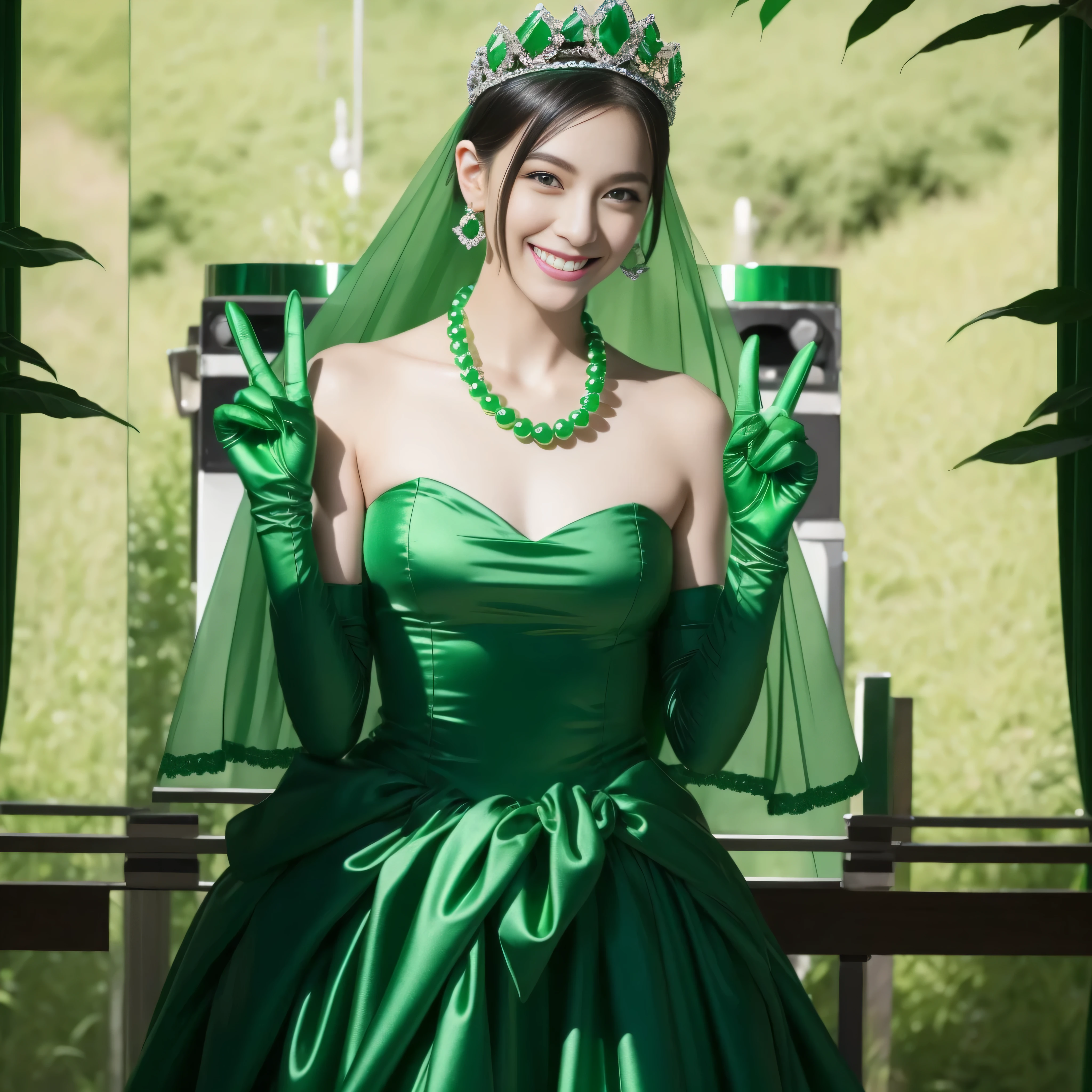 emerald tiara, Green Pearl Necklace, Boyish very short green hair, lipstick, Japan woman smiling, Very short hair, Big beautiful, green eyes, Long green gloves made of satin material, green eyes, Emerald Earrings, green vale, v sign