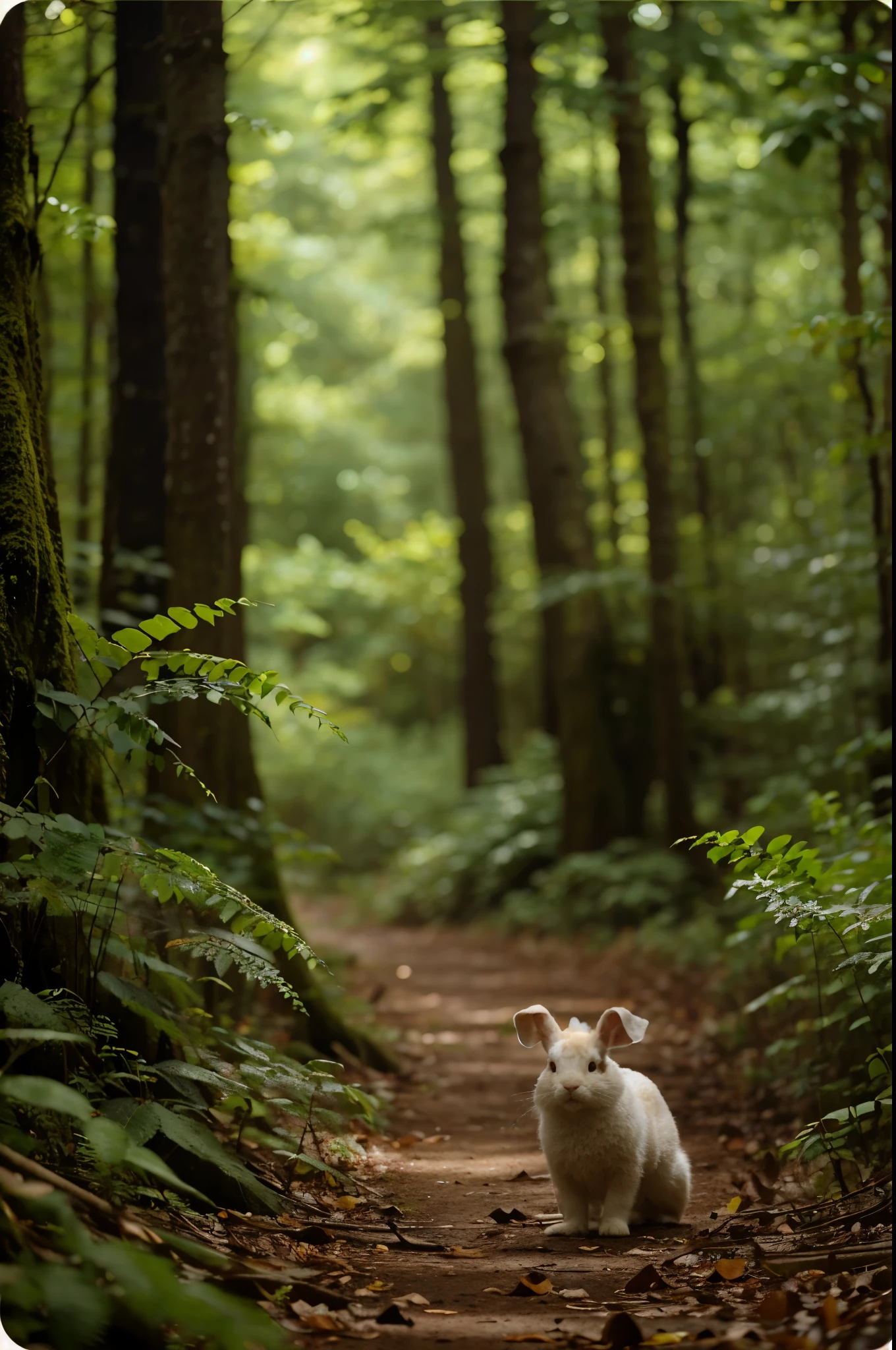 A white rabbit walks along a path in the woods, Sneak through the forest, Portrait of Forest Gog, deep in the forest hungle, Rabbit in the forest, deep in the forest, in forest jungle, deep in the forest jungle, Rabbit in the forest, deep in the forest, 晚上在Rabbit in the forest 在森林里显得雄伟