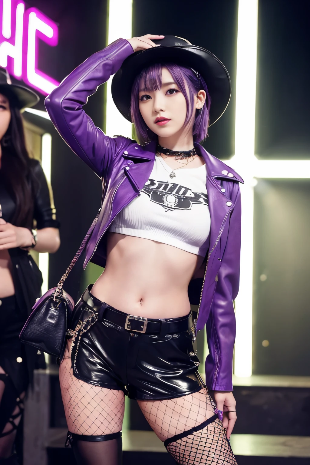 bangs down,beautiful girl,Purple Leather Jacket,future fashion,Absurd,Maid clotheasterpiece,perfect face,perfect breasts,long hair,Outstanding style,stimulating,Cute outfits,Horny girl,double eyelid,Naughty Girls,Erotic and cute,mini skirt,ribbon on uniform,colorful hair color,yellow eyes,leather jacket,horny girl,Knee-high boots, Colorful,multicoloured,future fashion,smile,,zipper bra,Multicolored clothing