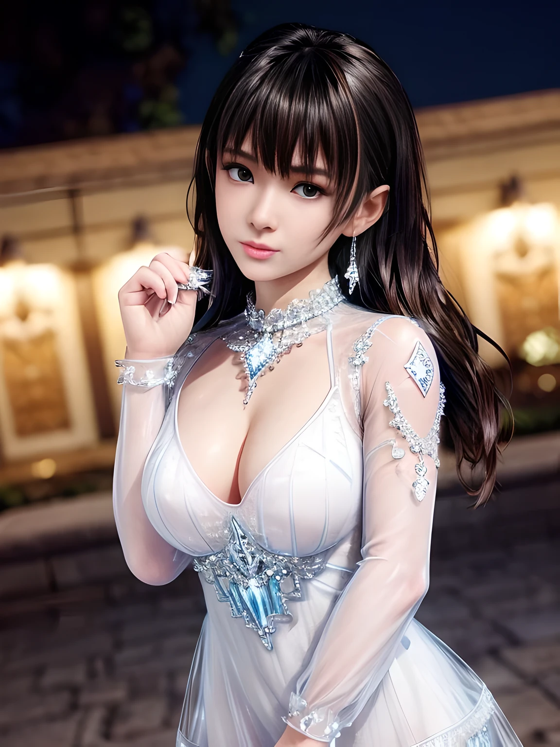 first-person view,1girl,Nanami,(Wearing Ice-crystal embellished dress:1.5),((flower shop)),Jewelry,Tattoos,nighttime, full_moon,(( Water droplets glow)),slightly parted lips, lewd smile, lascivious, sexy poses,red lips,charming body,Charming cleavage,(Masterpiece:1.5),( best quality:1.4),(reality:1.4), detailed,8K,Digital art,Detailed hair,expressive eyes, perfect face, real fingers,depth of field,Analogous Colors,Warm Tone,soft light,low Contrast,hard shadow, pop surrealism,(bright colors:1.3),