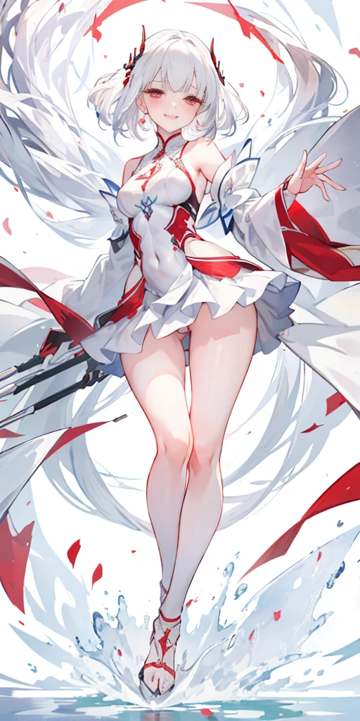 full-body close-up, create an elegant atmosphere), white short skirt, white hair shawl, graceful flowing, elegant movements, lustful smirking smile expression (red blush), floating in the air, (1girl), slim figure)
