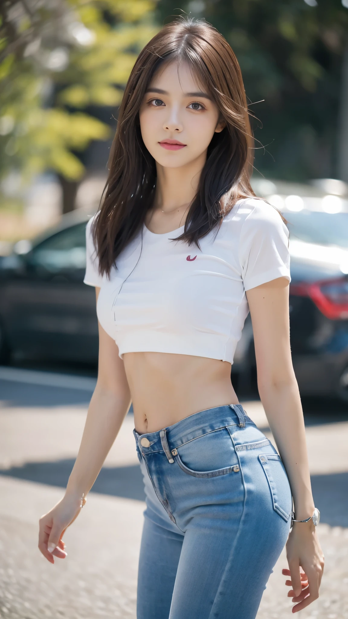Obra maestra, La mejor calidad, ultra-high resolution, Foto de alto detalle, Unidad 8K Fondo de pantalla, CG extremadamente detallado:1.2),(Foto RAW:1.realistic photography:1.4), 1girll , joven, physically based representation, beautiful, (Cara finamente detallada:1.4, Ropa detallada), (Detallado:1.4) Cara hermosa, Profundidad de campo, Agregar capa, hiperrealista, 27 years old, Modelo de cuerpo perfecto, senos perfectos, 175cm de altura, pose sexy, cuerpo completo, Tipo de cuerpo del modelo, white crop top, blue legging, Cabello largo, (Eimi Fukada), doble parpado, depth of field, bokeh, smilling