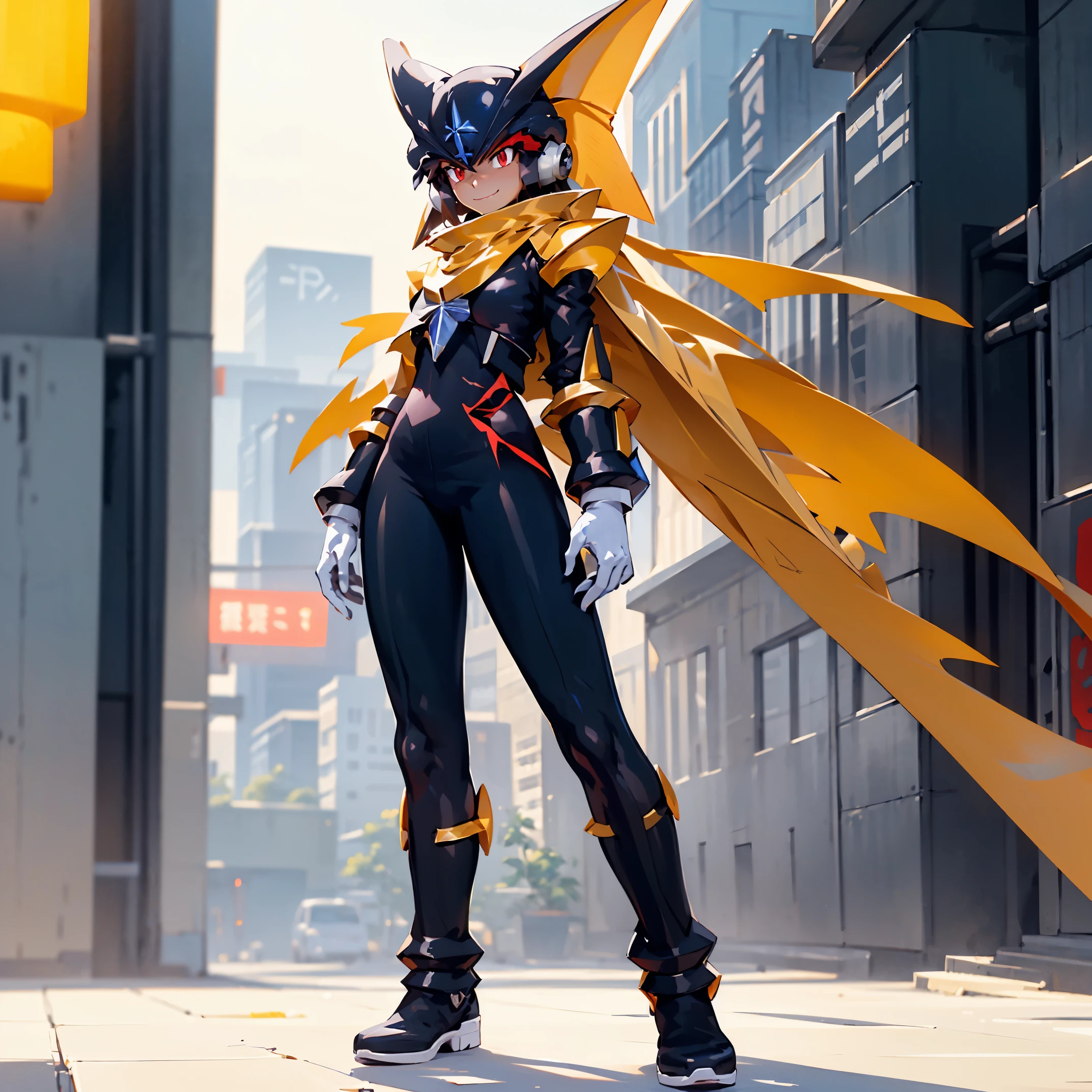 (High resolution, Best quality, Extreme definition, High quality, 8k, 4k, UHD, 1Girl, highly detailed) Ryuko from Kill La Kill from pokemon wearing bass.exe armor, with heavy black armor plates with purple trim. Heavy yellow bracers are bolted to her arms and legs, as heavy black boots and white gloves are fitted neatly to her body. Over this armor she wears red jacket, which now compliments Ryuko’s new helmet. Her armored biker jacket, now open, reveals the fur inside. Her new metallic outfit glistens in the light, reflecting Ryuko’s surroundings. Ryuko’s face now confidently looks at the viewer, with a closed smile encoding her confidence, eyes intrigued by what the viewer thinks of her outfit. Her helmet is tightly fitted, intricately detailed with red panel work as her long brown hair flows down to her knees. Her heavily armored and styled black outfit has a large belt, with heavily armored segments along it, with heavy-duty belt buckle fastening it tightly. Her Black Fur Jacket is lined with red trim