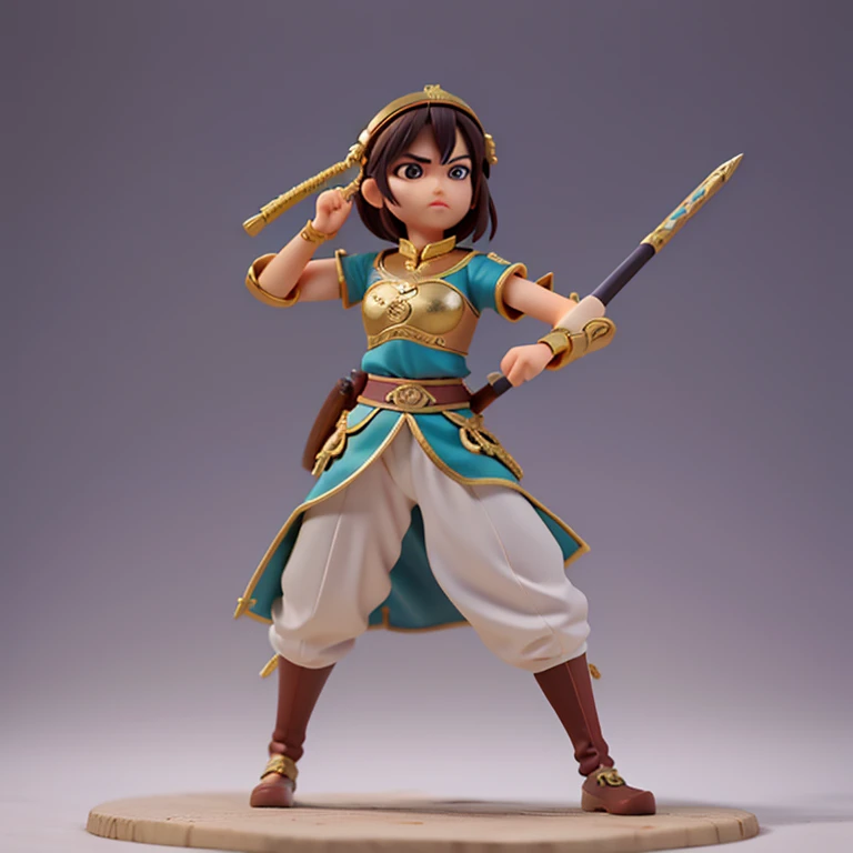 Jovencita, guerrera, soldado imperio chino, espada, escudo, casco de guerrero medieval, pose de combate, cabello corto, pecho grande, mirada .