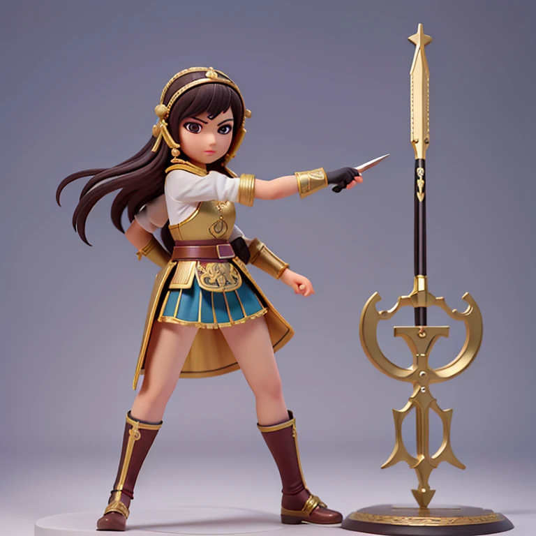 Jovencita, guerrera, soldado imperio chino, espada, escudo, casco de guerrero medieval, pose de combate, cabello corto, pecho grande, mirada .