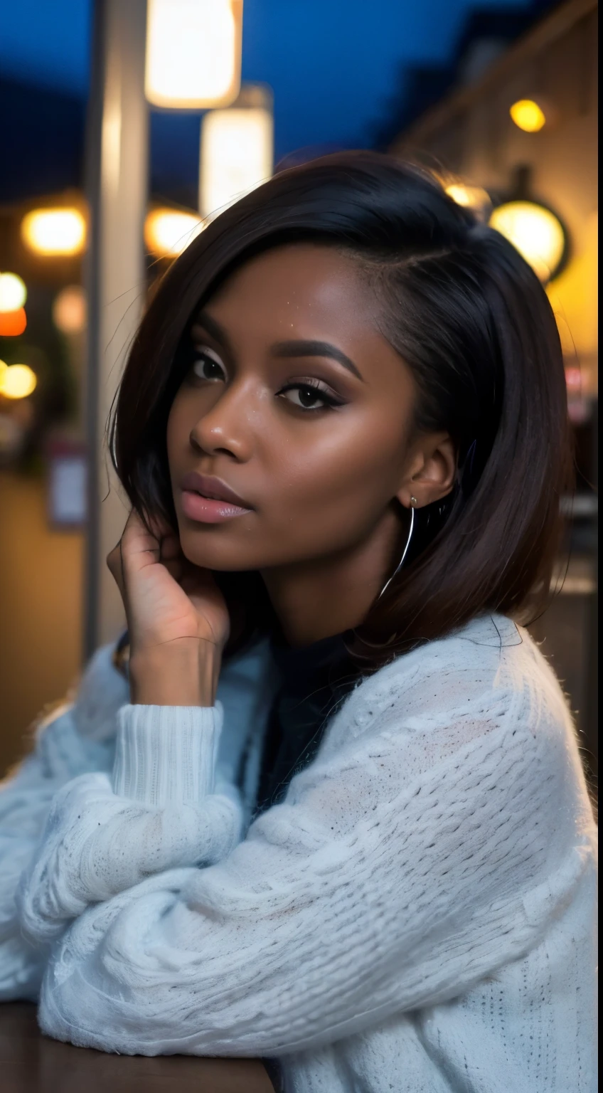 ((masterpiece, best quality, ultra detailed, ultra high res)), ((night)), (distant), solo focus, pov, (through the window), (armrest), 1 black woman, facing away, black hair, long hair, distracted, sitting, fuzzy sweater shirt, beautiful, (looking away), streetspace, neon lights, particles, luminous dark brown eyes,