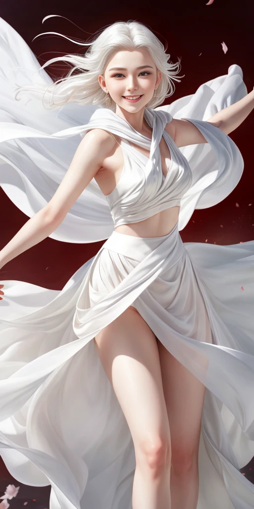 full-body close-up, create an elegant atmosphere), white short skirt, white hair shawl, graceful flowing, elegant movements, lustful smirking smile expression (red blush), floating in the air, (1girl), slim figure)
