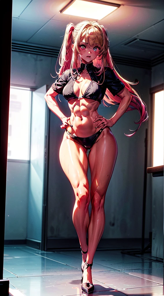(1 girl), Alone, (Rubi Hoshino), (((Very sexy black bikintanding}}}, (full body photo), wearing black high heel shoes, Toned thighs, muscular belly, slim body, thin arms, wide hips, thin waist, big ass, medium breasts, at school in the classroom, (((in a bad mood))), (with hands on hips), (pink blonde hair) , star-shaped white pupils in the left eye, eye reflection, glowing eyes, anime, anime style, cinematic lighting, ray tracing, panorama, Sony FE, hard drive, master piece, accurate, anatomically correct, Super Detail, high quality, very high resolution, hard disk, 16k