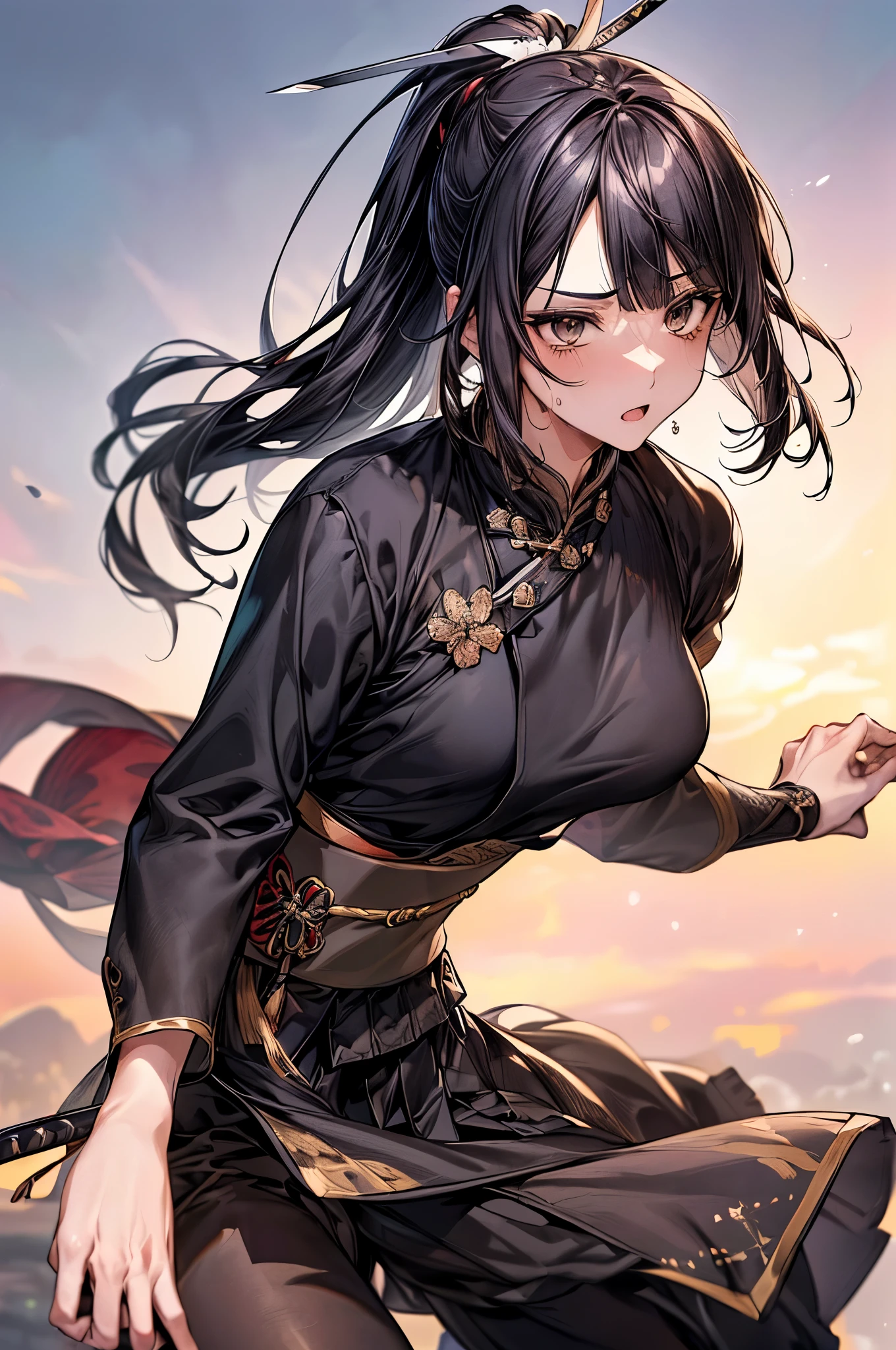 ,(Official art、Best Quality、Unity 8k Wallpapers、32K,masterpiece Best Quality, absurderes, Perfect ???????, Unity 8k Wallpapers,best cell anime), Detailed beautiful face and eyes,shoot from front,cowboy shot,(1woman,solo),18歳の美女、日本人、black hair,ponytail:1.2,long hair,blunt bangs,black eyes,((小さい頭:1.2、skinny,medium breasts,sweat:1.2)),(和服姿:1.4、プリーツ入りミニスカート)、((日本刀を手に持つ:1.5,戦う姿:1.5)),学園、