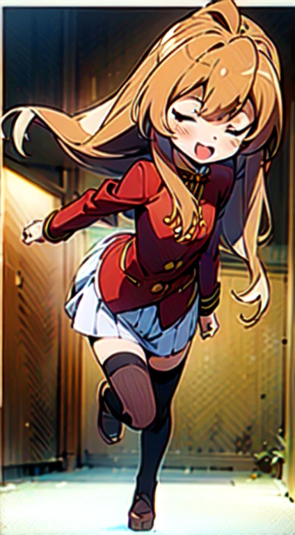 masterpiece,disorganized,最high quality,high quality,1 girl,Taiga Aisaka,red long coat，white mini skirt,brown short boots,Thighhighs,turning around,Close ~ eyes，open your mouth，smile,In town(flat chest:1.1) ),