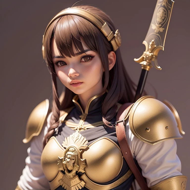 Jovencita, guerrera, soldado imperio chino, espada, escudo, casco de guerrero medieval, pose de combate, cabello corto, pecho grande, mirada .