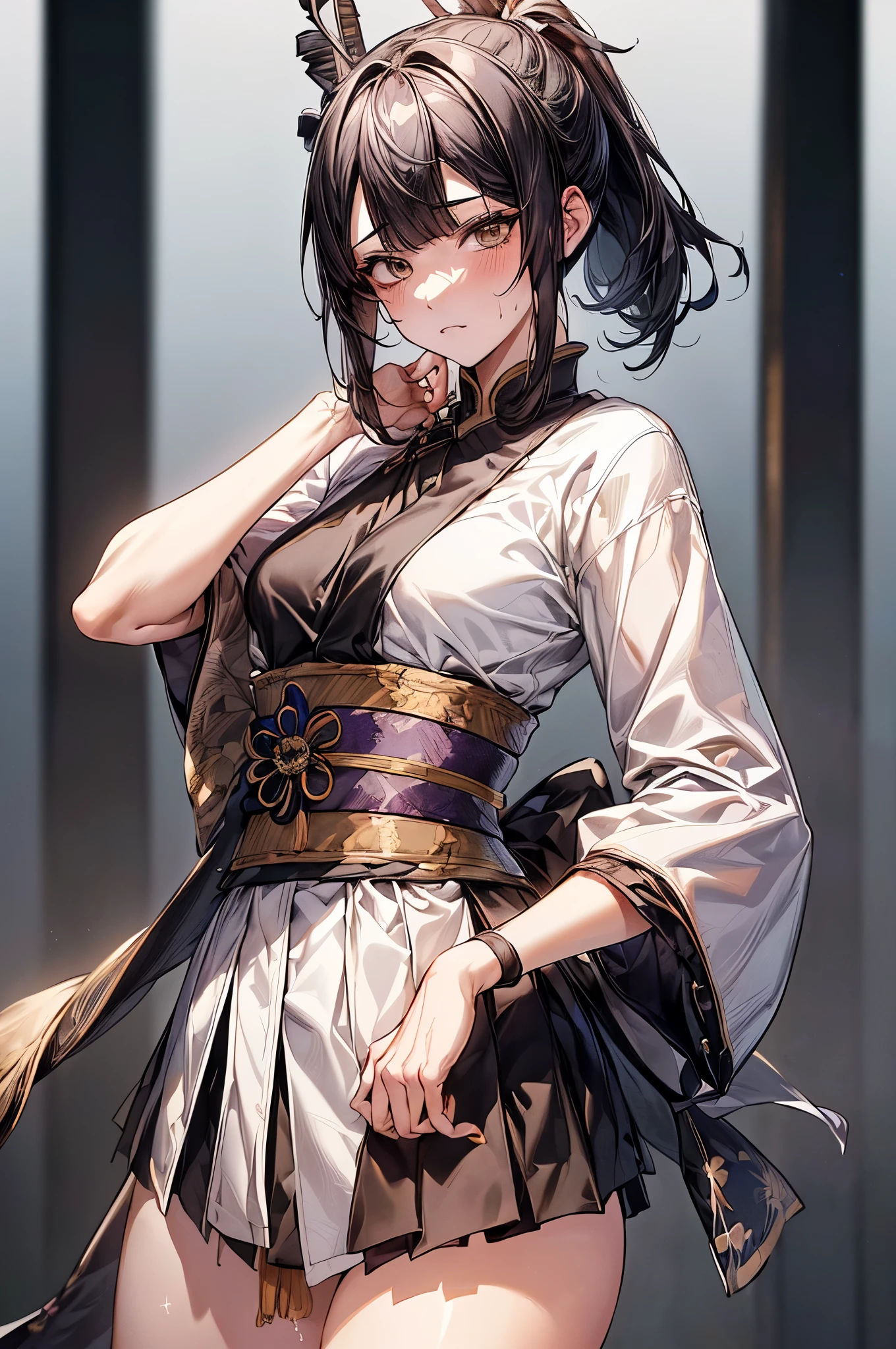 ,(Official art、Best Quality、Unity 8k Wallpapers、32K,masterpiece Best Quality, absurderes, Perfect Anatomy, Unity 8k Wallpapers,best cell anime), Detailed beautiful face and eyes,shoot from front,cowboy shot,(1woman,solo),18歳の美女、日本人、black hair,ponytail:1.2,long hair,blunt bangs,black eyes,((小さい頭:1.2、skinny,medium breasts,sweat:1.2)),(和服姿:1.4、プリーツ入りミニスカート)、((日本刀を手に持つ:1.5,戦う姿:1.5)),学園、