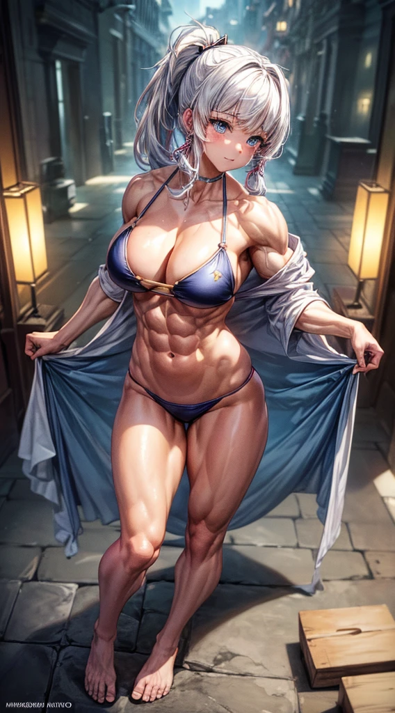 (((masterpiece))), 4k definition, highly detailed, (((extremely detailed eyes))), Detailed background, luminous lighting, crystal clear eyes, blue eyes, high quality, ultra-detailed, 8k, best quality, (1 girl), floor, Shadow, backlight, light particles, coarse filtering thigh: 1.3), (best quality: 1.2), (super fine illustrations: 1.2), (master piece), (master piece) , high quality, very high detail, (alone: 1.4), ((Round image)), 1 girl, (Kamisato Ayaka), smile, blush, closed mouth, thick, medium breasts, (((white hair))), on the beach at night with a starry sky and a full moon in the sky, from above, (full body photo), (muscular belly), (((in a very sexy bikini))), facing the camera, barefoot, standing , (((showing his beautiful muscular legs)))