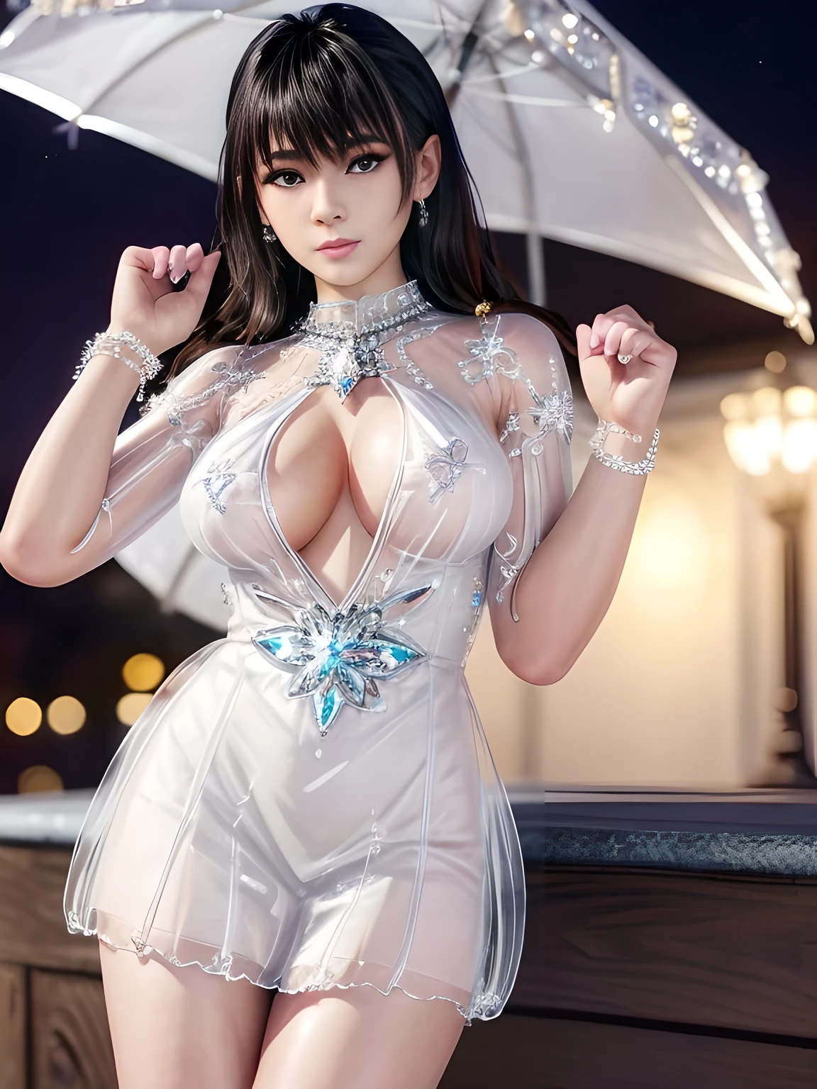 first-person view,1girl,Nanami,(Wearing Ice-crystal embellished dress:1.5),((flower shop)),Jewelry,Tattoos,nighttime, full_moon,(( Water droplets glow)),slightly parted lips, lewd smile, lascivious, sexy poses,red lips,charming body,Charming cleavage,(Masterpiece:1.5),( best quality:1.4),(reality:1.4), detailed,8K,Digital art,Detailed hair,expressive eyes, perfect face, real fingers,depth of field,Analogous Colors,Warm Tone,soft light,low Contrast,hard shadow, pop surrealism,(bright colors:1.3),
