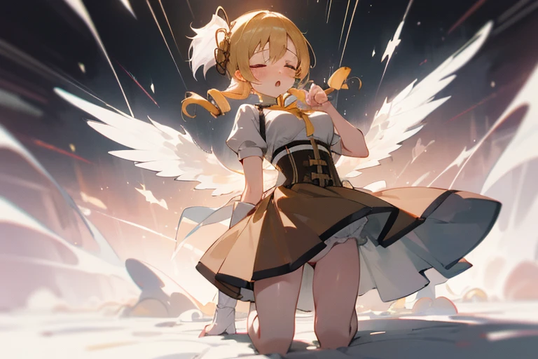 1 girl, scenery, solo, perfect anatomy, standing, spread arms, mami tomoe, masterpiece, best quality, highres, big breast, closed eyes, :o, (fluttering skirt, white panties:1.2), double exposure, sacred, glitter, torn clothes