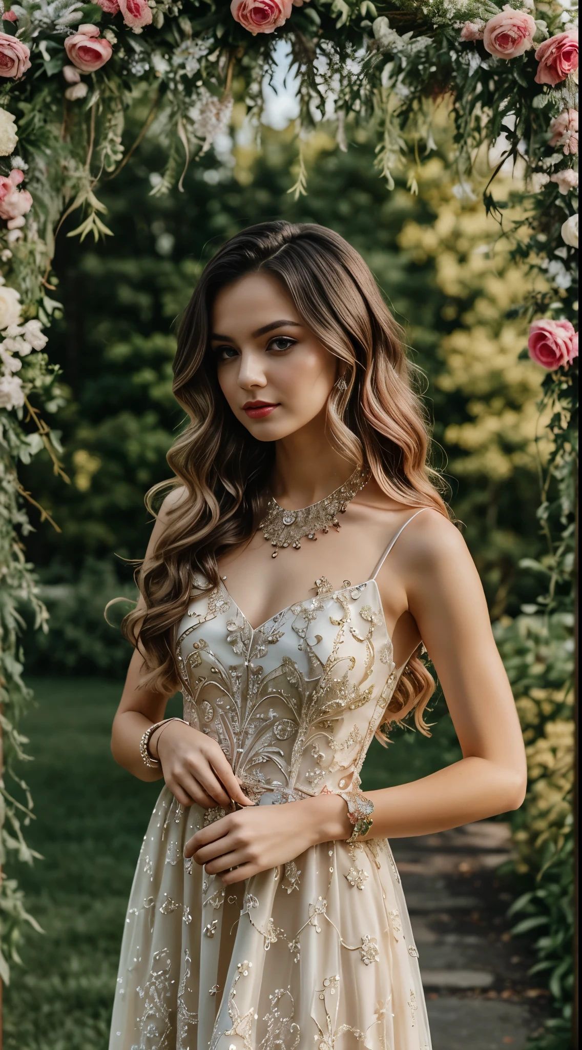 1 girl, long hair, bright hair color, enchanting eyes, mysterious expression, mature look, Attractive dresses, flowing dress, Elegant Jewelry, complicated decoration, Magic Symbols, Glowing Accessories, Portion, scroll, Cute accent, bow, ribbon, flowers,