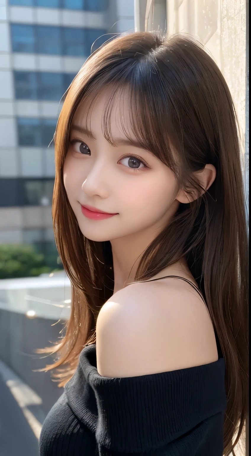 muste piece, highest quality, figure, super detailed, finely, High resolution, 8k wallpaper, 完璧なダイナミックな構figure, beautiful and fine eyes, long sleeve off shoulder,medium hair,small breasts,natural color lip, bold sexy pose,smile,latest office、20 year old girl、cute、sexy shot looking at camera,perfect and beautiful face and fingers,Take a close-up photo of your face,Take only the face