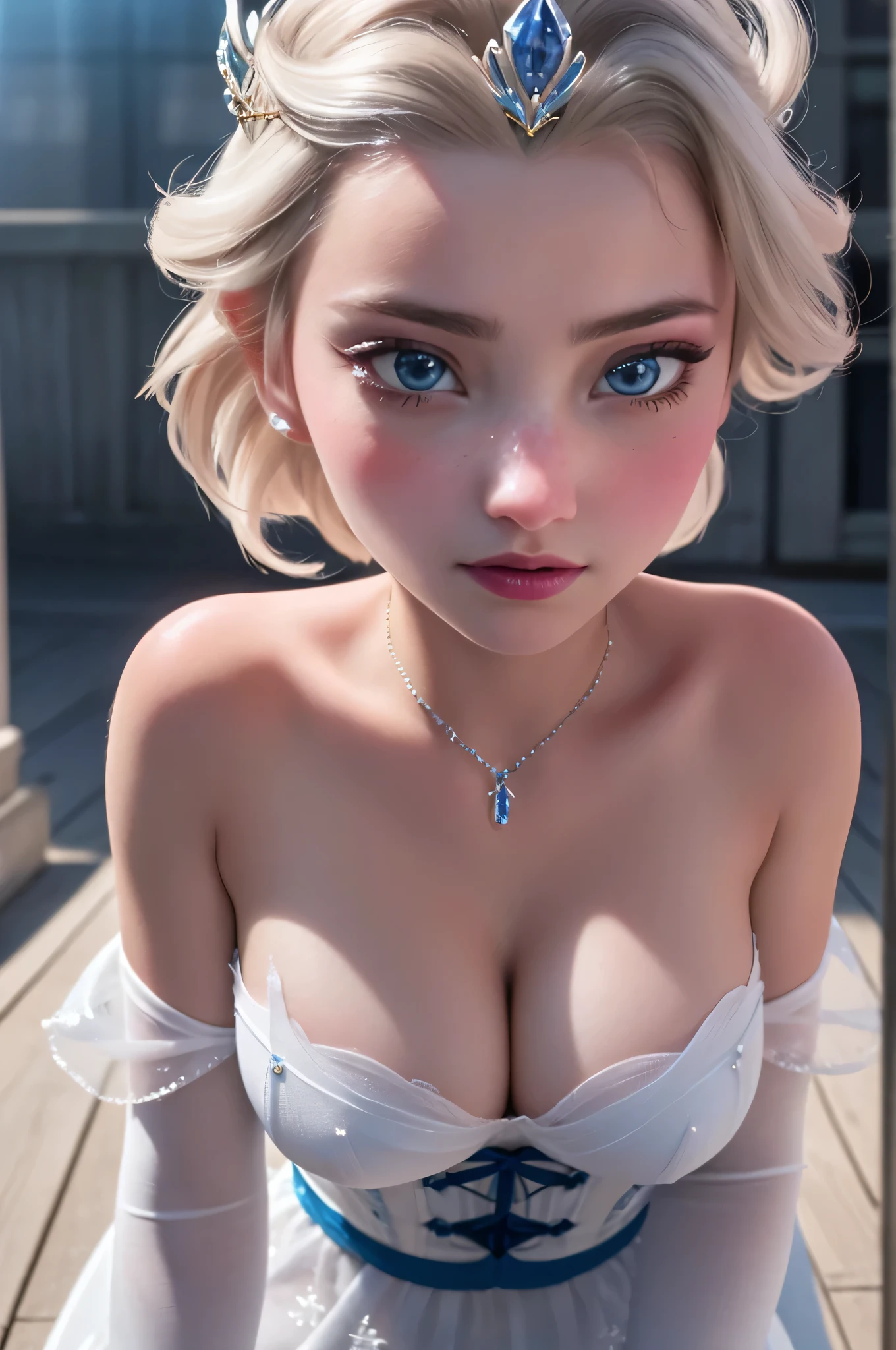 ((hyper-realistic speed painting:1.4)), Frozen Elsa, Elsa with a see-through breastless-corset, Charlize Theron, tender young beautiful blonde woman without makeup, alluring face, captivating lewdness, sapphire pendant-necklace, silver tiara with sapphire jewels, excited, pixar style, Elsa short chest frosty see-through corset, breast clothing cutout, putting her naked breasts against the viewer, putting her squishy naked breasts toward the viewer, 1st person, putting her breasts right front of me, close-up breasts view, can slightly see areolas and nipples, can still see face, explicitally putting her naked breasts really close to viewer, nudity up close and personal, 1st person view of staring up from her breast cleavage POV, in her cleavage view, slutty and elegant, lewd figure study, breast study, hand study, anatomical hands, eye color matching and shifting with the lighting, mostly-matching eyes, perfectally-circular limbal rings, solid corporeal body, pupil-dilation symmetry, symmetrically-styled face, angelic_back-lighting, rays of light from behind, sparkling tiara jewels, sparkles of light fill the atmosphere behind her, best graphics settings, anit-aliasing, Nvidea, Geforce, Radeon 7900 xtx, leaning into the field of view, slight close-up, unreal engine 6, complex ultra render, micro pores, very-high focus, 4K UHD, Disney Pixar, 2023, immodest, slutty, bimbo, nsfw, lewd, sexually-suggestive, rated-M, European, Swedish, Danish, Swiss, faint sparkles in eyes, goddess rays,
