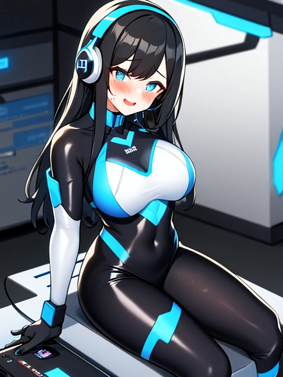 （Equestrian machine):1.3、乗馬マシーンにstraddle、straddle:1.3,Tubes and cables、holds the smartphone in her hand、(Interior of white cyberpunk futuristic space station)、1 girl、solo、full body painting、chest、Sweat、tears、heart-shaped pupil、Ahegao、Steamed body、(blue and black bodysuit):1.2、(Futuristic latex bodysuit space suit):1.1,headphone、V arm、(blush:1.3)