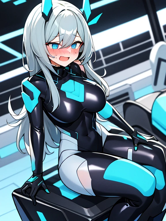 （Equestrian machine):1.3、乗馬マシーンにstraddle、straddle:1.3,Tubes and cables、holds the smartphone in her hand、(Interior of white cyberpunk futuristic space station)、1 girl、solo、full body painting、chest、Sweat、tears、heart-shaped pupil、Ahegao、Steamed body、(blue and black bodysuit):1.2、(Futuristic latex bodysuit space suit):1.1,headphone、V arm、(blush:1.3)