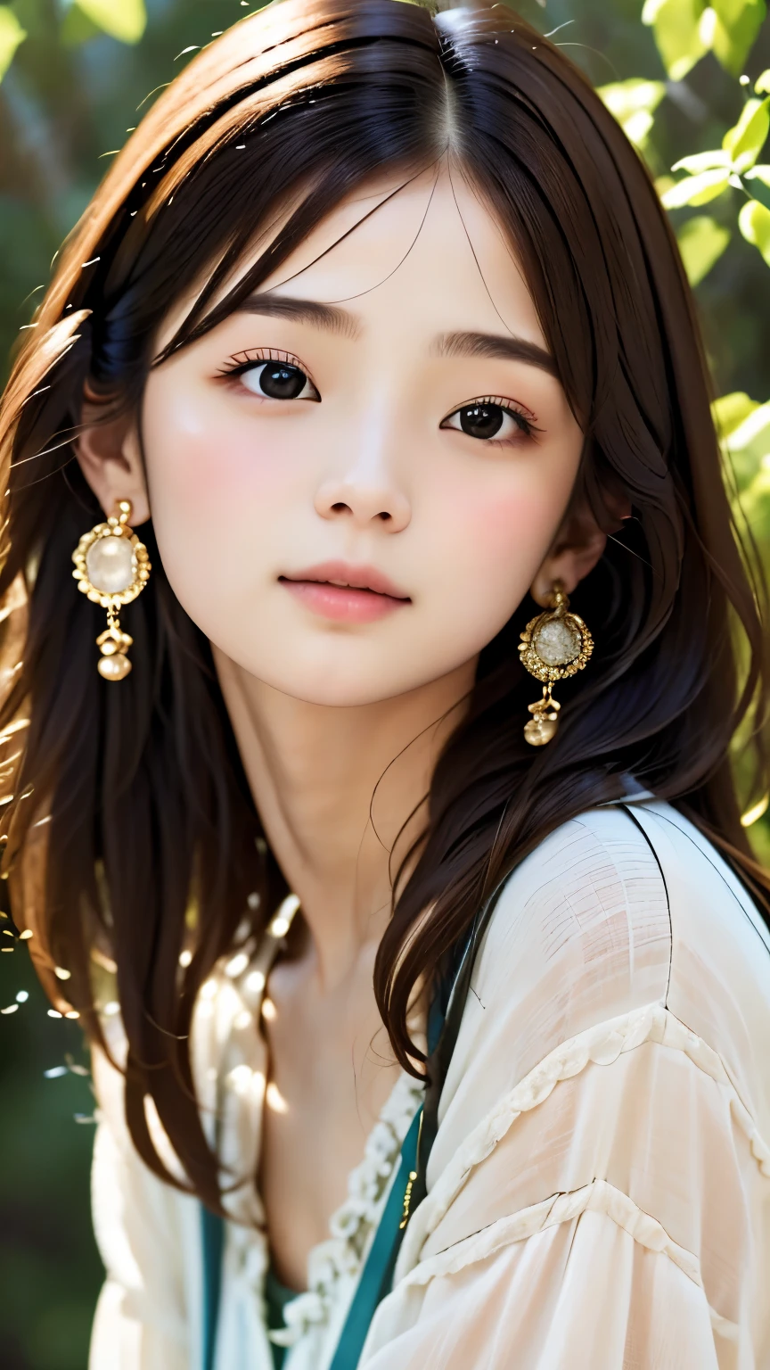 (((blurred background:1.ortrait、master piece:1.3、one woman、natural look、cute face、Very cute woman、brown hair、long hair、straight hair、I can see your ears、earrings、plump lips、no makeup、white shirt、upper body、highest quality、high resolution、Super detailed、High quality、Detailed details、8k、professional writing、professional photographer