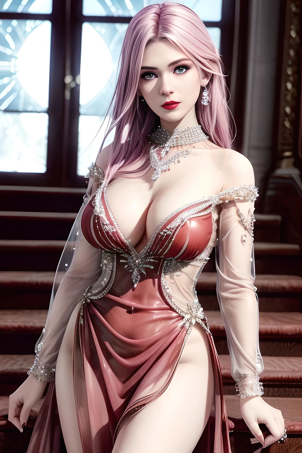 first person perspective,1girl,Elise,(Wearing Ice-crystal embellished dress:1.5),(Rose),go down the stairs,jewelry,Tattoos,nighttime, full_moon,(((red-lips))), slightly parted lips, lewd smile, lascivious, (((sexy poses))),clavicle,charming body,Charming cleavage,(Masterpiece:1.5), (best quality:1.35),(reality:1.4), detailed,8K,CGI,Detailed hair,,expressive eyes, perfect face, real fingers,depth of field,Analogous Colors,Warm Tone,soft light,low Contrast,(Bright color contrast composition),soft shadow,(bright colors:1.3),