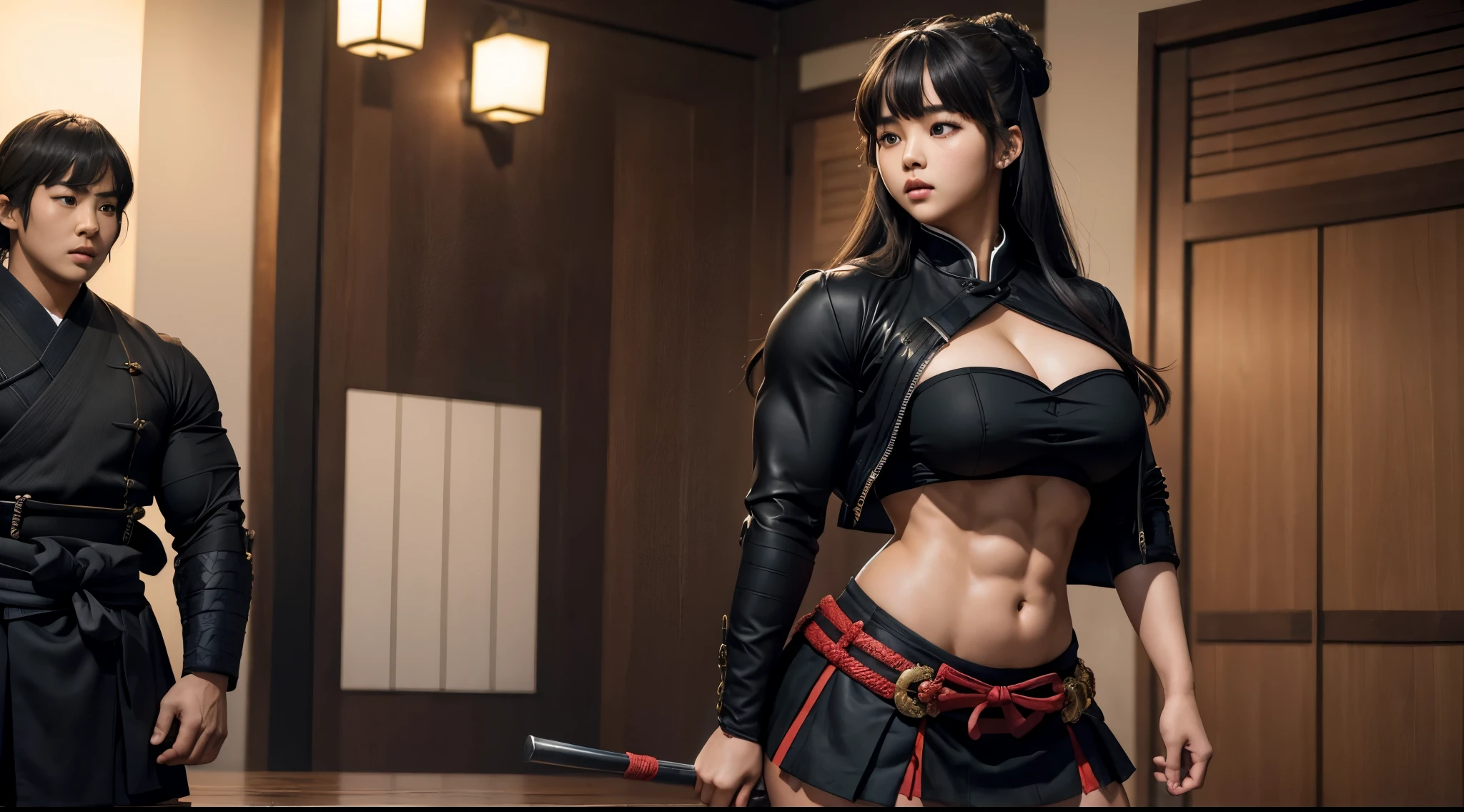 (((Kim So Hyun from Lovely Liar))), arafed fully clothed ripped heavyweight bodybuilder woman with thick arms and tights in samurai style dress standing in a room, samurai short skirt and a long jacket, samurai style clothes, wearing samurai jacket and skirt, ji-min, bae suzy, jia, lookbook, by Emma Andijewska, femme, exclusive, p. j. n, girl in suit, ultra detailed game CG, (High resolution:1.1),(absurderes:1.1), 1girl in, , Cat's ears,Solo, she looks like (((Kim So Hyun actress)), ripped bodybuilder, huge breasts. big round butt. perfect skin, perfect face,a woman with long hair , she has black hair with bangs, lalisa manobal, power pose