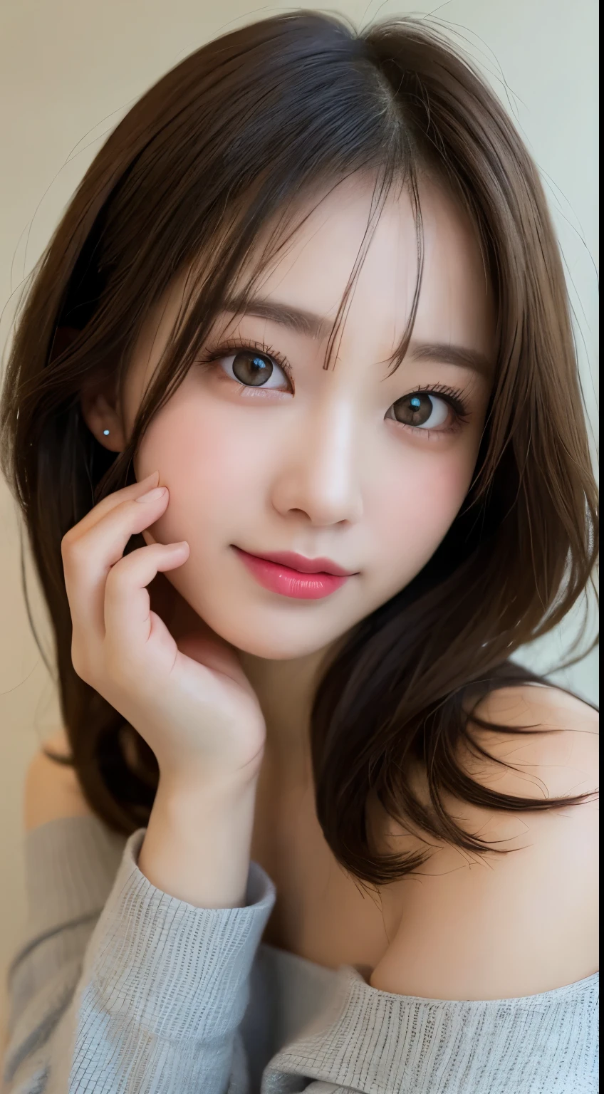 muste piece, highest quality, figure, super detailed, finely, High resolution, 8k wallpaper, 完璧なダイナミックな構figure, beautiful and fine eyes, long sleeve off shoulder,medium hair,small breasts,natural color lip, bold sexy pose,smile,latest office、20 year old girl、cute、sexy shot looking at camera,perfect and beautiful face and fingers,Take a close-up photo of your face,Take only the face、blur the background