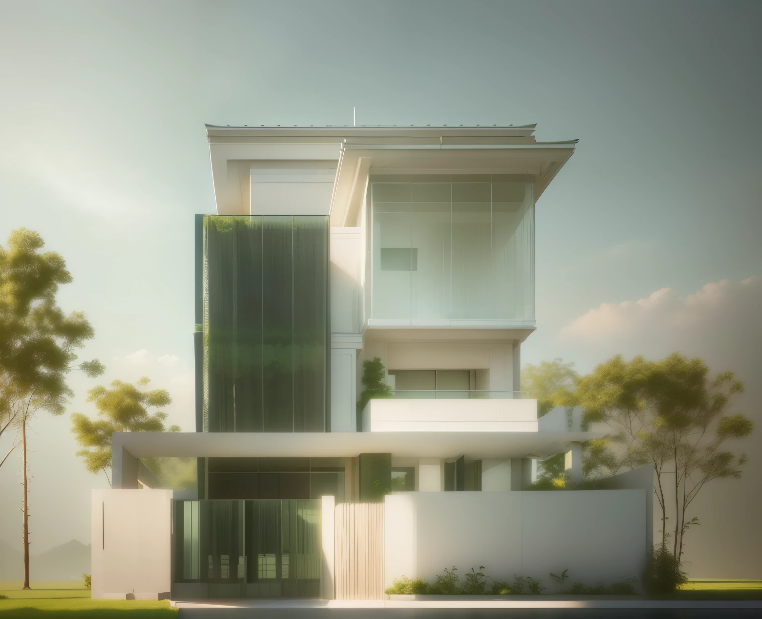 Cinematic digital artwork capturing the beauty of a tranquil morning with leaves gently falling from vibrant green trees. The soft, diffused morning light illuminates the white structures in the serene outdoor landscape, creating a peaceful and detailed scene. Nature itself is the artist, and the style is focused on conveying the tranquility and beauty of the moment. The medium is digital art in a still image format, emphasizing high-quality rendering and a detailed, realistic portrayal. The color scheme leans towards soft and natural tones, creating a visually appealing and calming atmosphere.