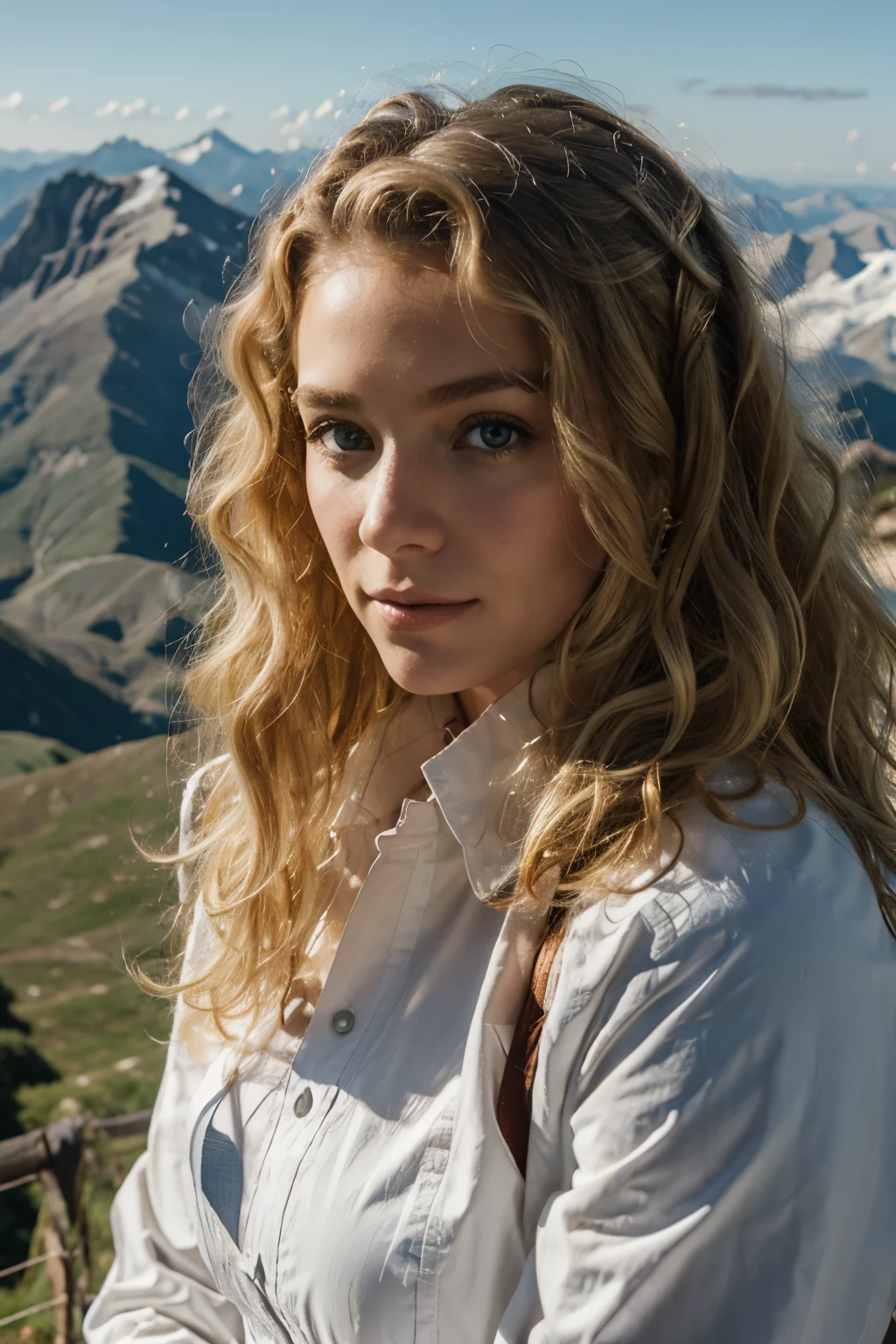 blond girl whit curly hair on mountain during skyng