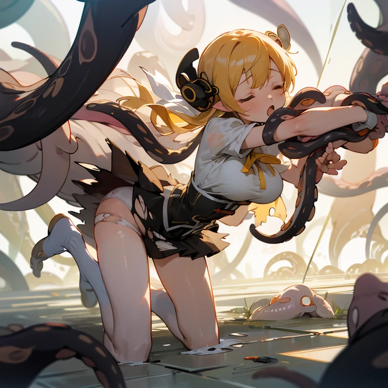 1 girl, solo, perfect anatomy, choked, tilt head, mami tomoe, masterpiece, best quality, highres, big breast, closed eyes, moaning, :o, kneeling, (skirt fluttering, white panties, torn clothes:1.3), (tentacles hitting girl:1.3), hit effect, motion blur, dark atmosphere, Tyndall effect, scenery