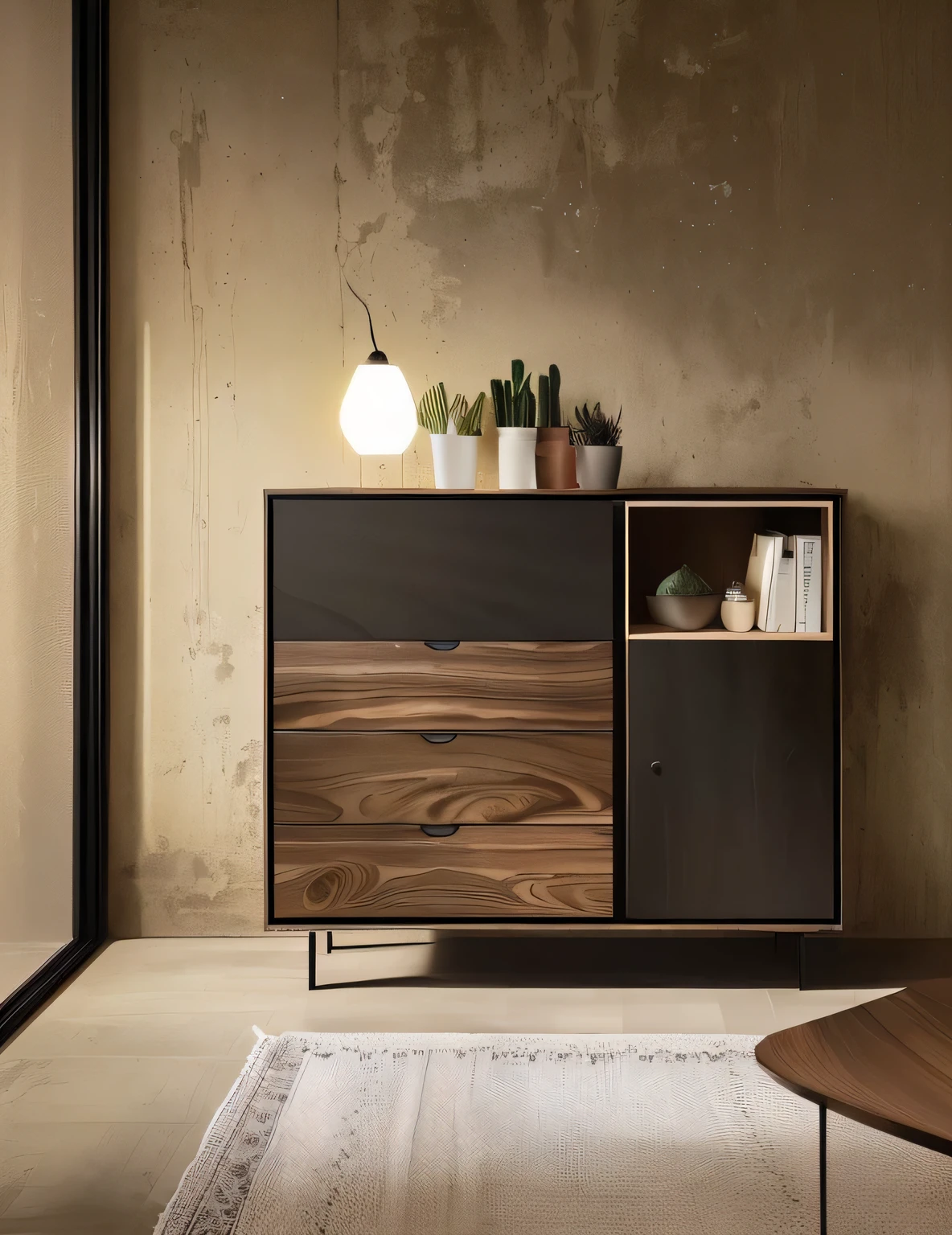 There  a brown cabinet，There  a black door，There  a plant on it, wooden cabinet, cupboard家具, wood cupboard, cupboard, designer furniture, wooden decoration, modern gallery furniture, Furniture design, wooden furniture, furniture concept photo!!,  furniture, accurate, Modular, moody atmosphere,  unit, inspiration, cupboard, moody feeling, Panorama, High quality pictures