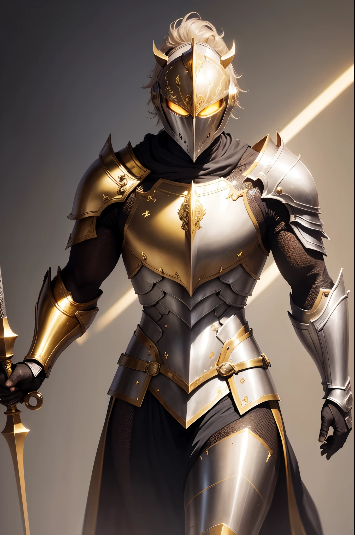 (High Quality) Work of art, knight, silver and golden armor, with golden glow effects around