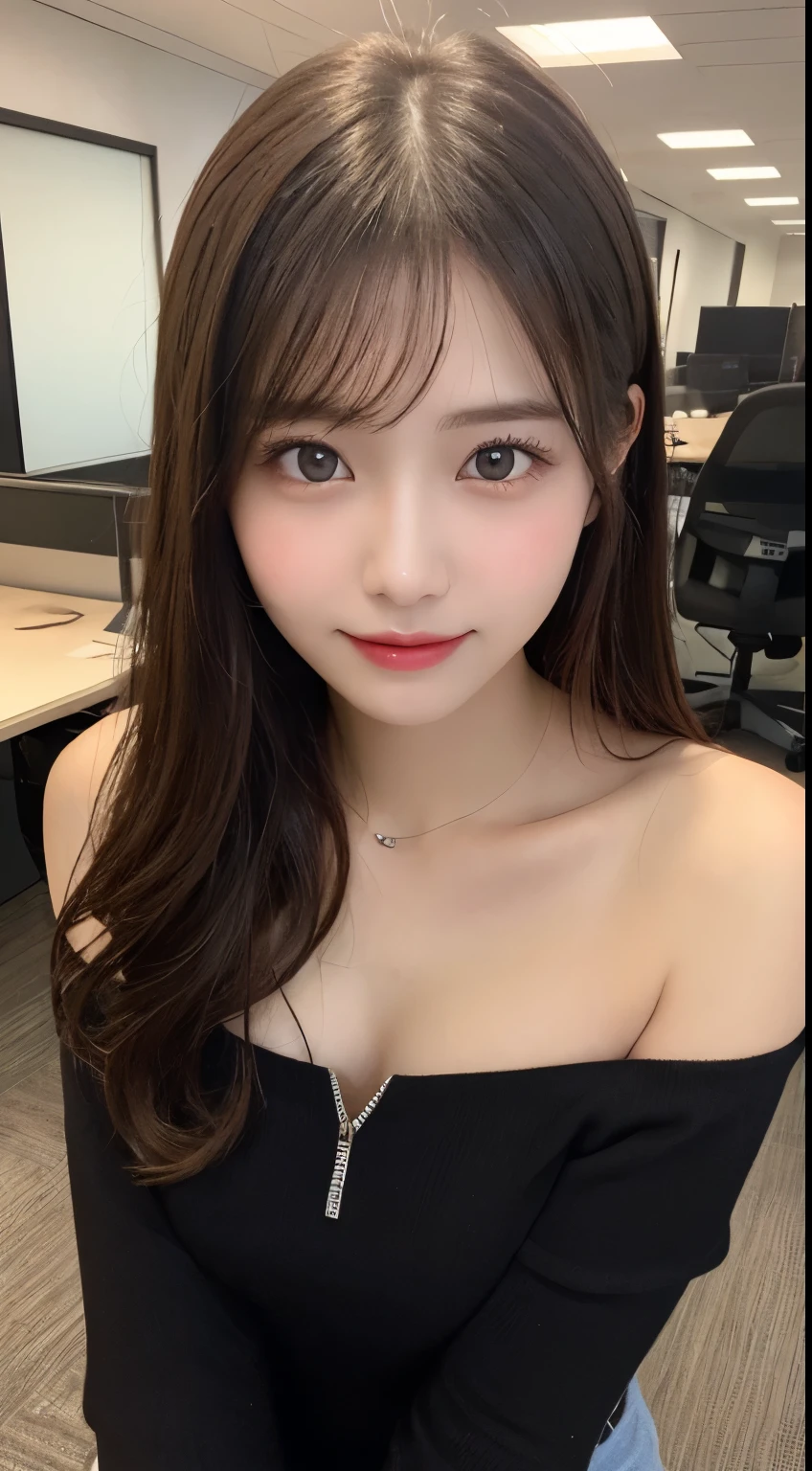 muste piece, highest quality, figure, super detailed, finely, High resolution, 8k wallpaper, 完璧なダイナミックな構figure, beautiful and fine eyes, Long sleeve off-shoulder with random colors and designs,medium hair,small breasts,natural color lip, bold sexy pose,smile,latest office、20 year old girl、cute、sexy shot looking at camera,perfect and beautiful face and fingers,Take a close-up photo of your face,Take only the face、blur the background、anatomically and physiologically correct body、beautiful detailed face、perfect and beautiful double、small face
